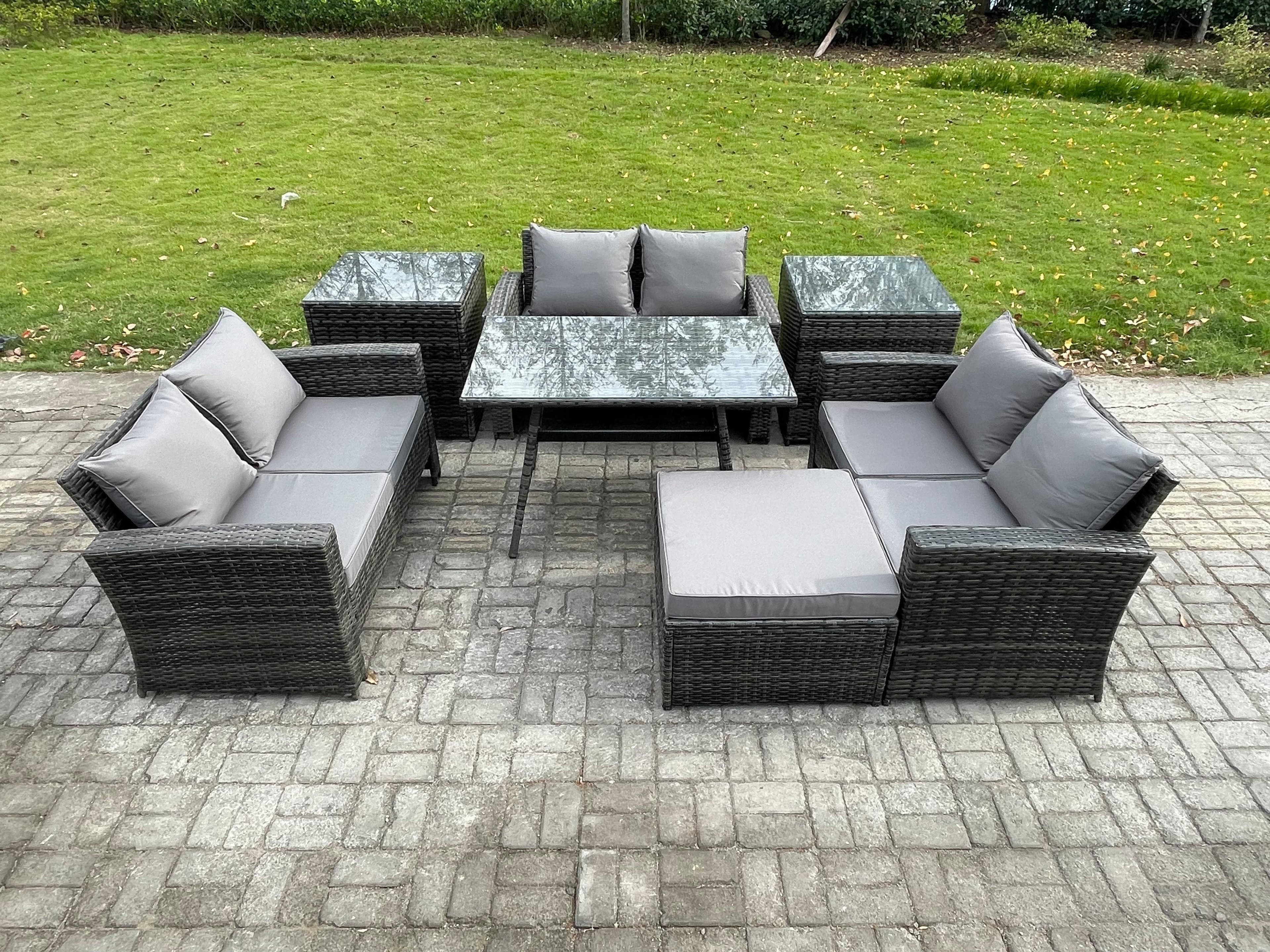 7 PCS Outdoor Lounge Sofa Set Wicker PE Rattan Garden Furniture Set Rectangular Dining Table Love Seat Sofa