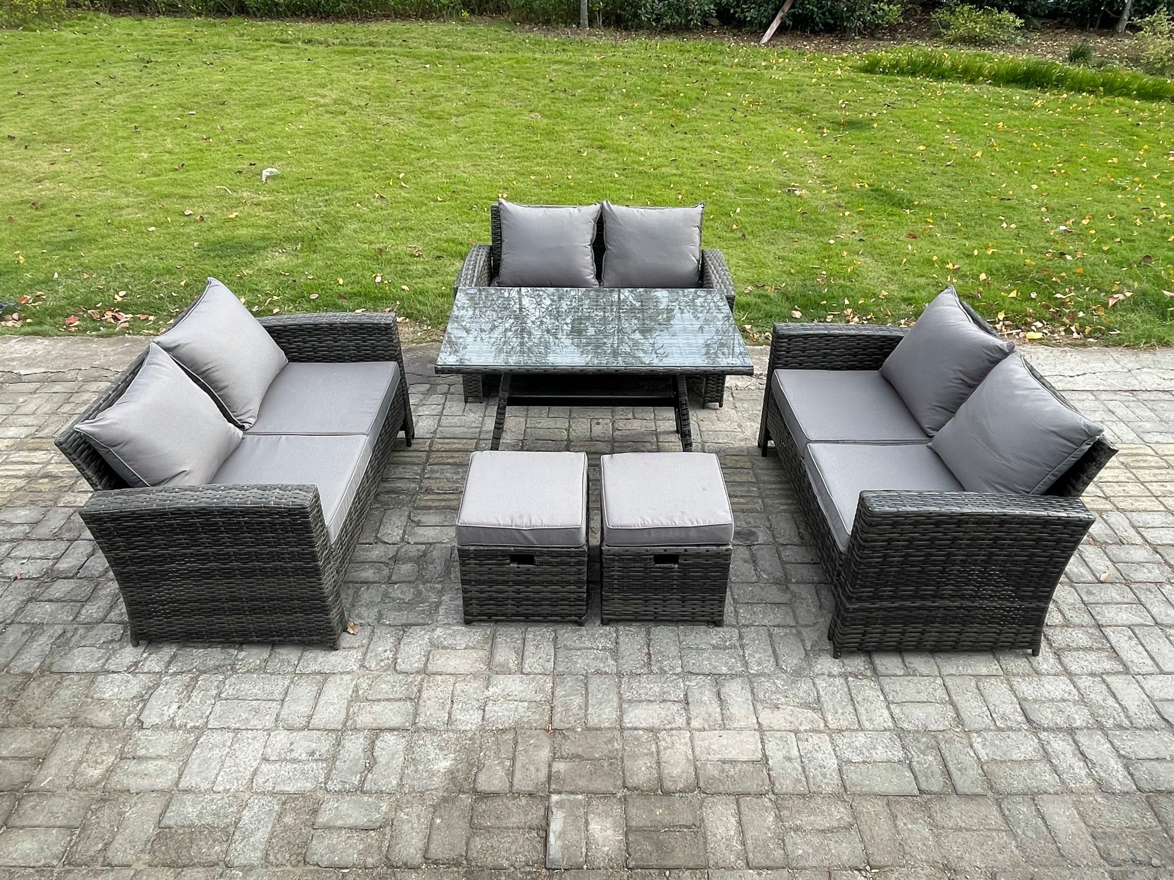 Outdoor Lounge Sofa Set Wicker PE Rattan Garden Furniture Set Rectangular Dining Table 2 Seat Sofa