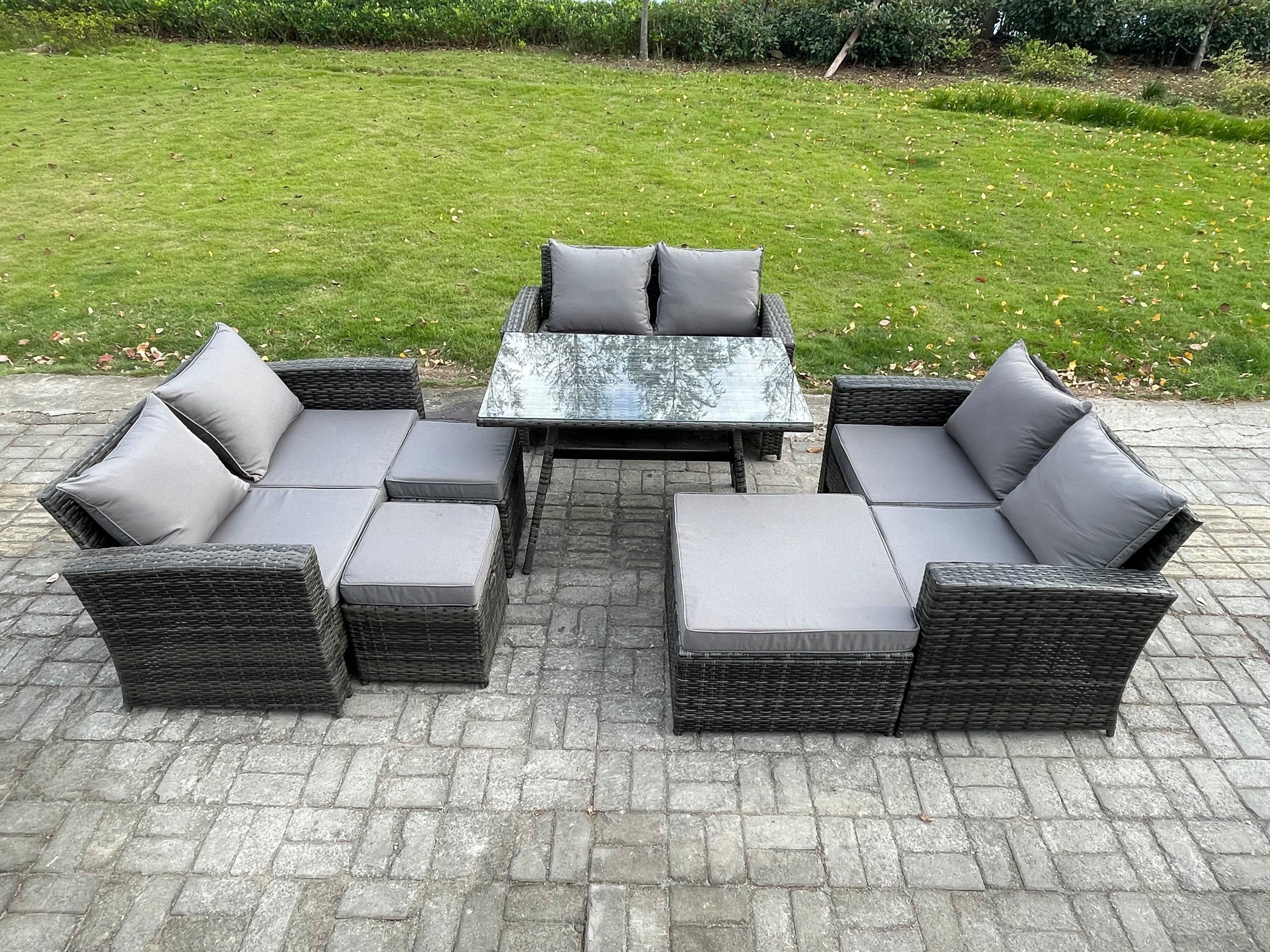Outdoor Lounge Sofa Set Wicker PE Rattan Garden Furniture Set Rectangular Dining Table 2 Seat Sofa 3 Footstools