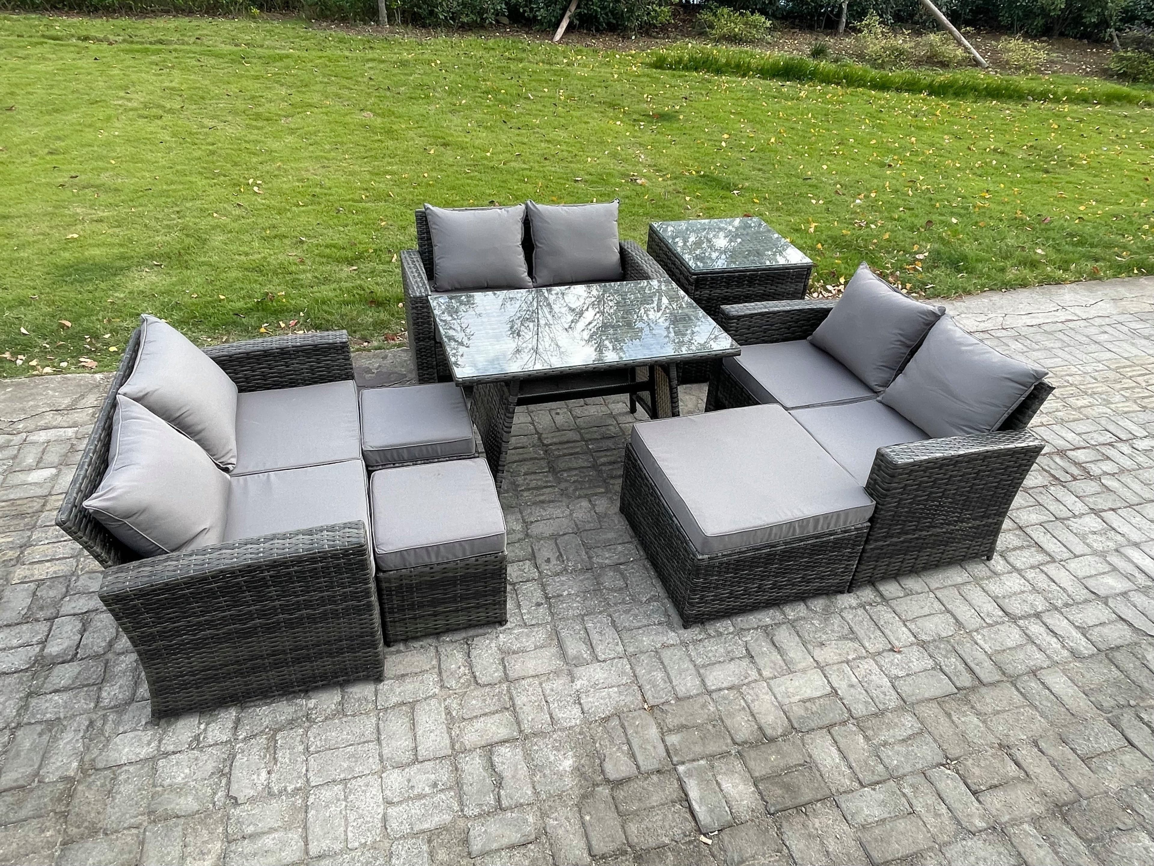 Outdoor Lounge Sofa Set Wicker PE Rattan Garden Furniture Set Rectangular Dining Table 2 Seat Sofa Side Table