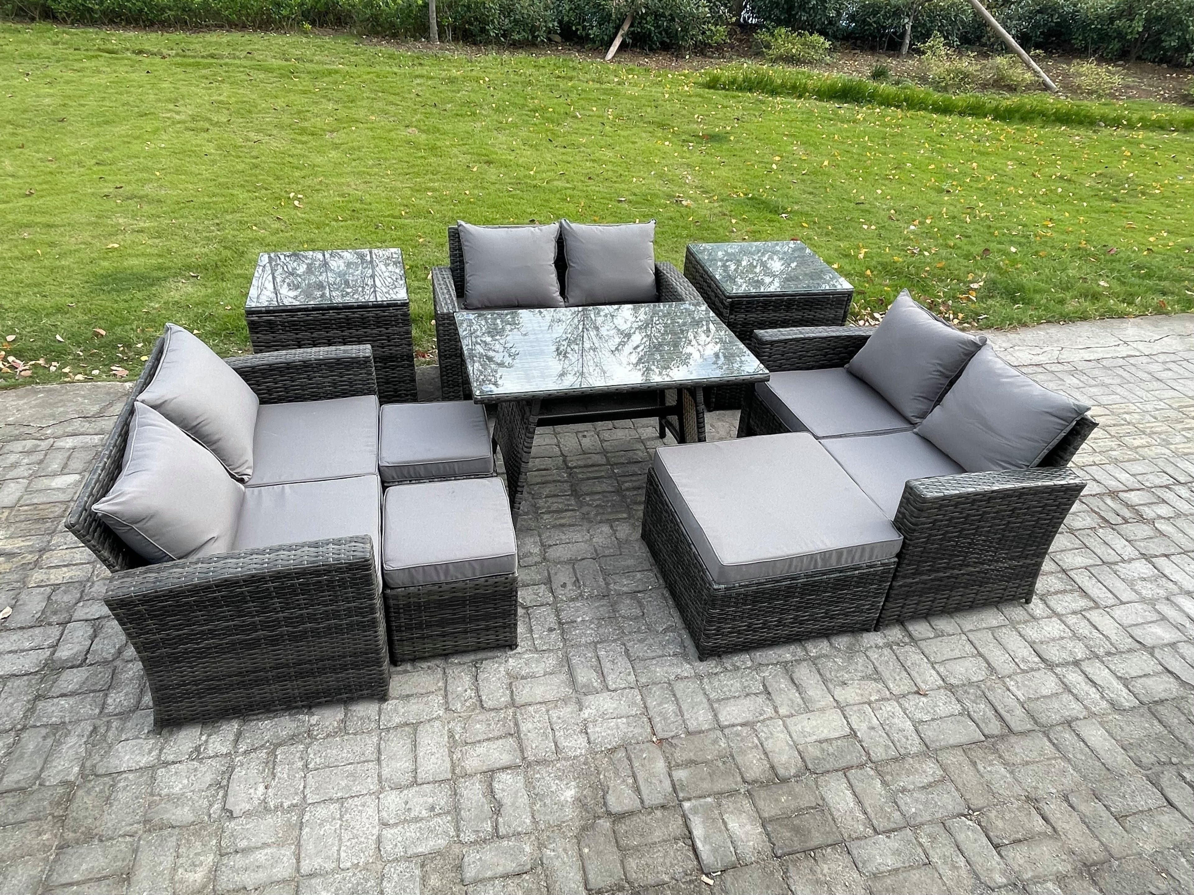 Outdoor Lounge Sofa Set Wicker PE Rattan Garden Furniture Set Rectangular Dining Table 2 Seat Sofa 2 Side Tables