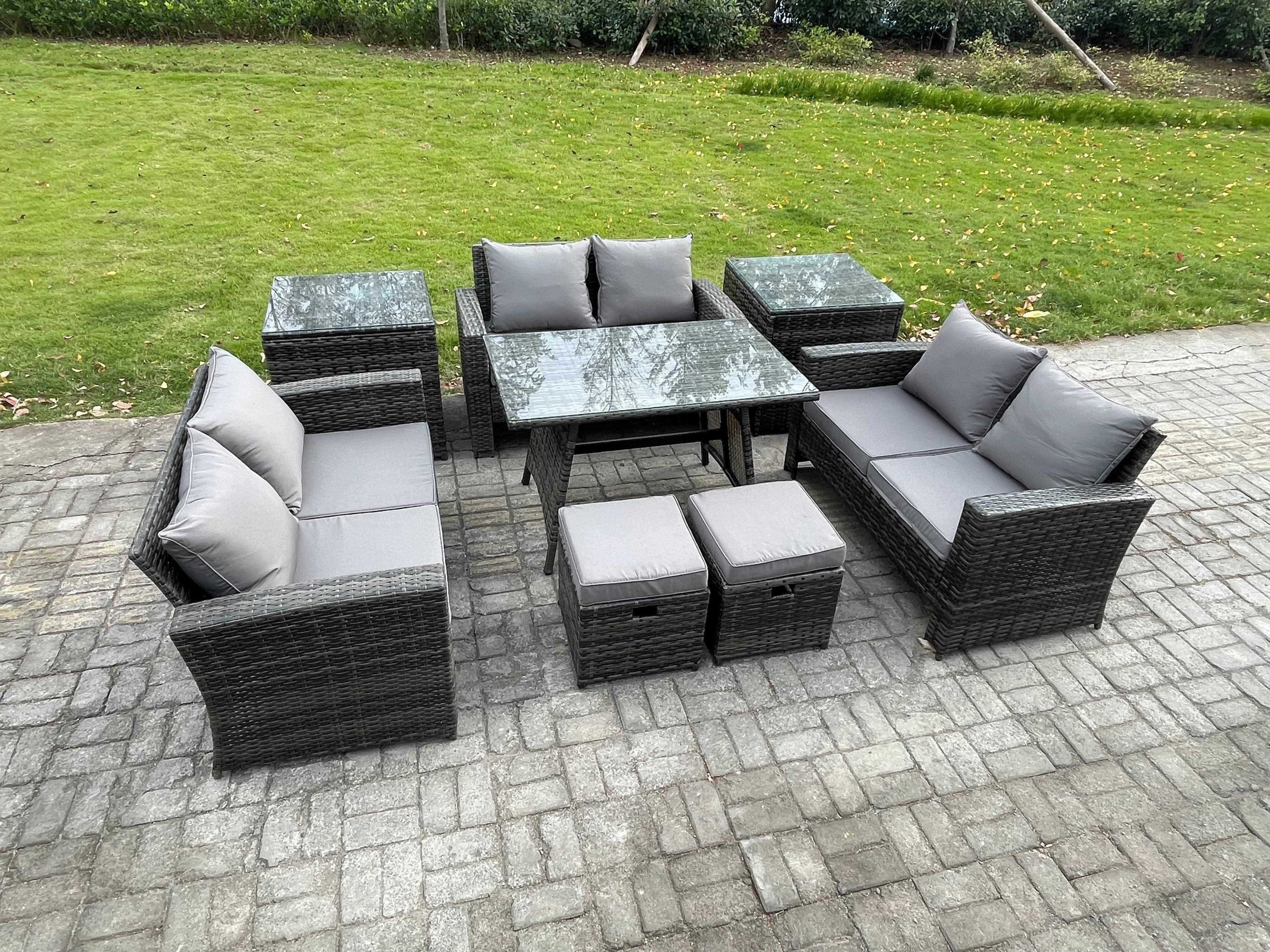 Outdoor Lounge Sofa Set Wicker PE Rattan Garden Furniture Set Rectangular Dining Table 2 Seat Sofa