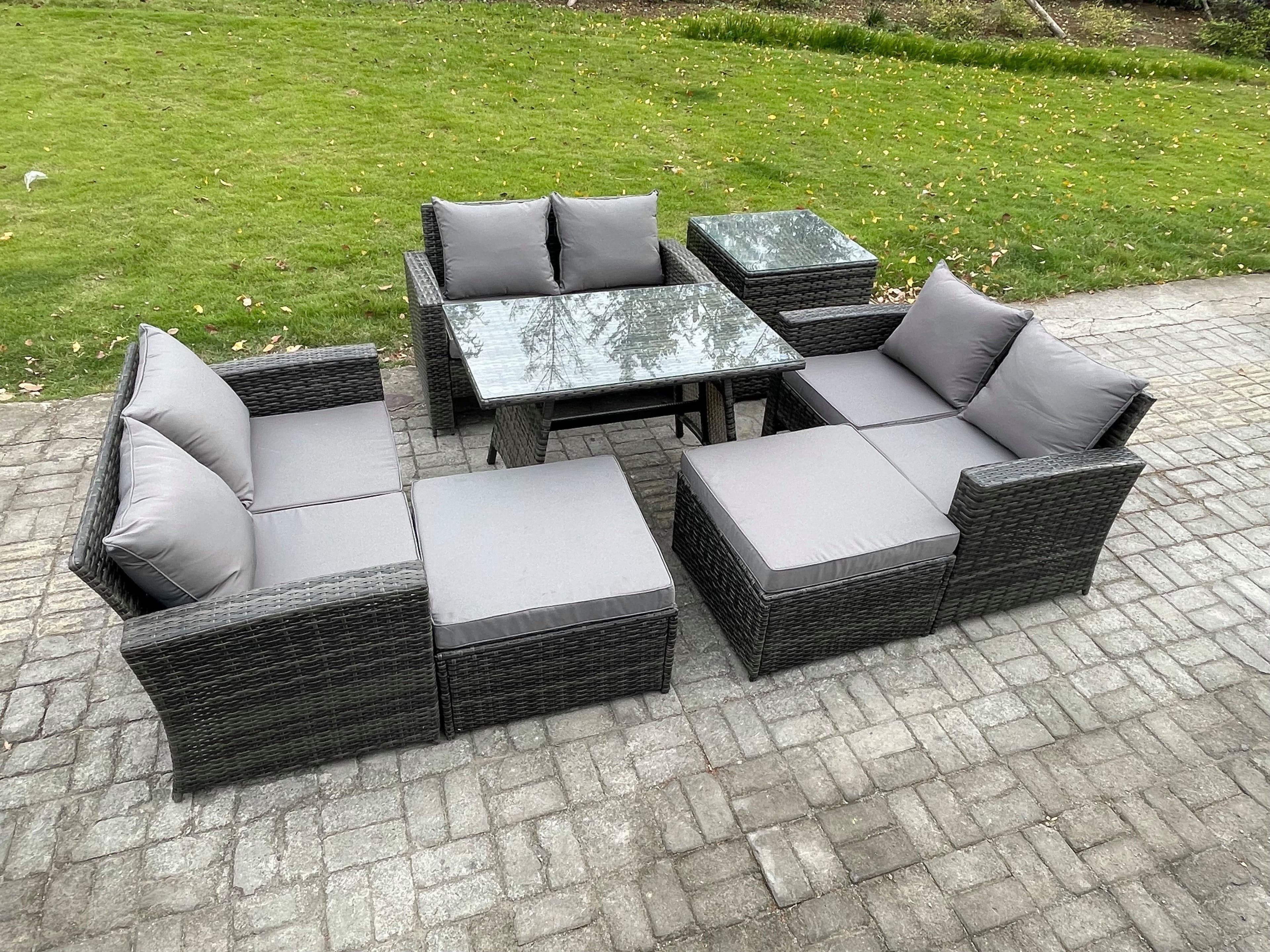 Outdoor Lounge Sofa Set Wicker PE Rattan Garden Furniture Set Rectangular Dining Table 2 Seat Sofa 2 Big Footstool