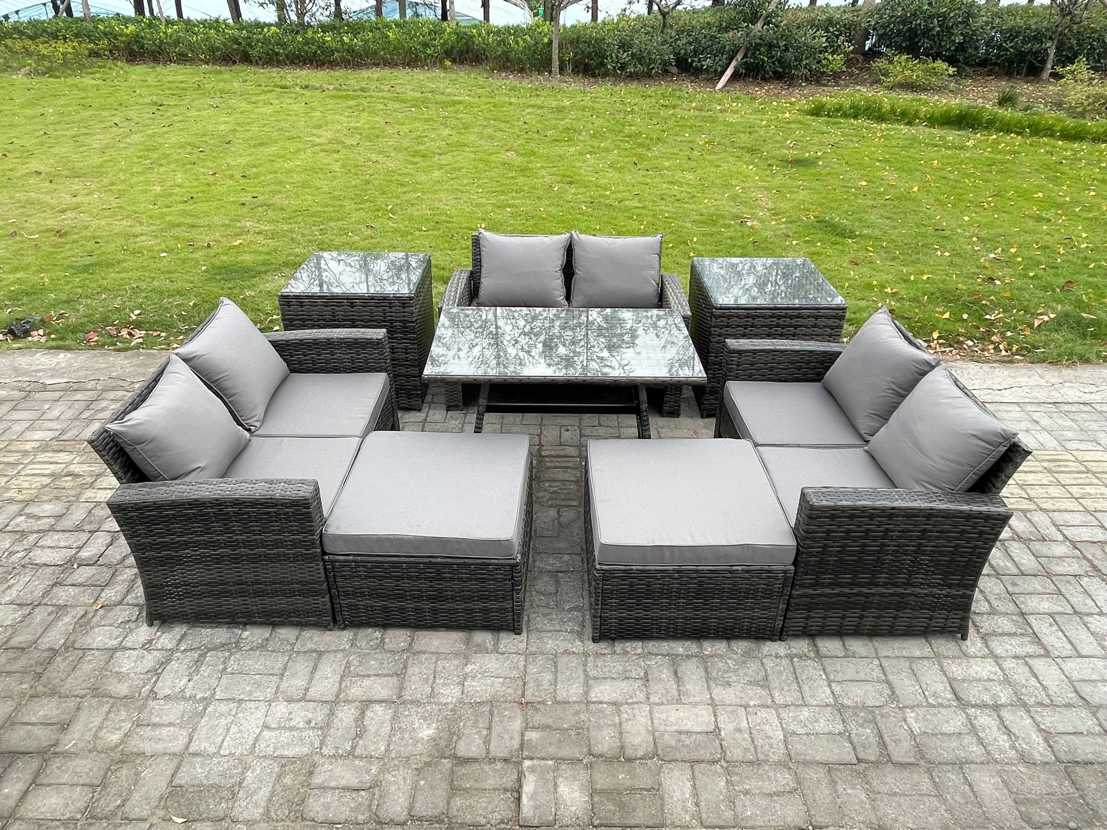 Outdoor Lounge Sofa Set Wicker PE Rattan Garden Furniture Set Rectangular Dining Table 2 Seat Sofa Big Footstool