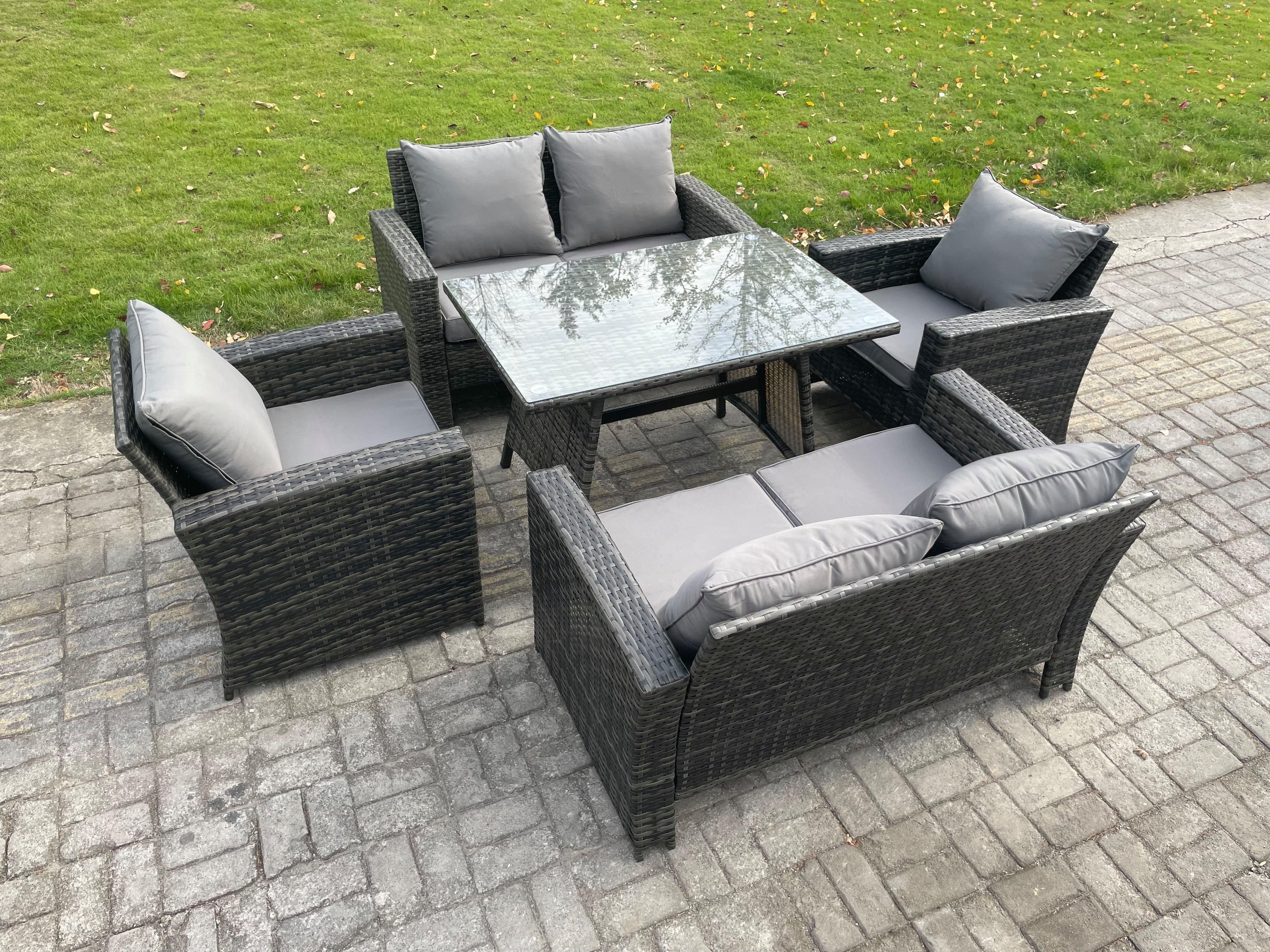 Rattan Garden Furniture Set 6 Seater Patio Outdoor Lounge Sofa Set Rectangular Dining Table Love Seat Sofa
