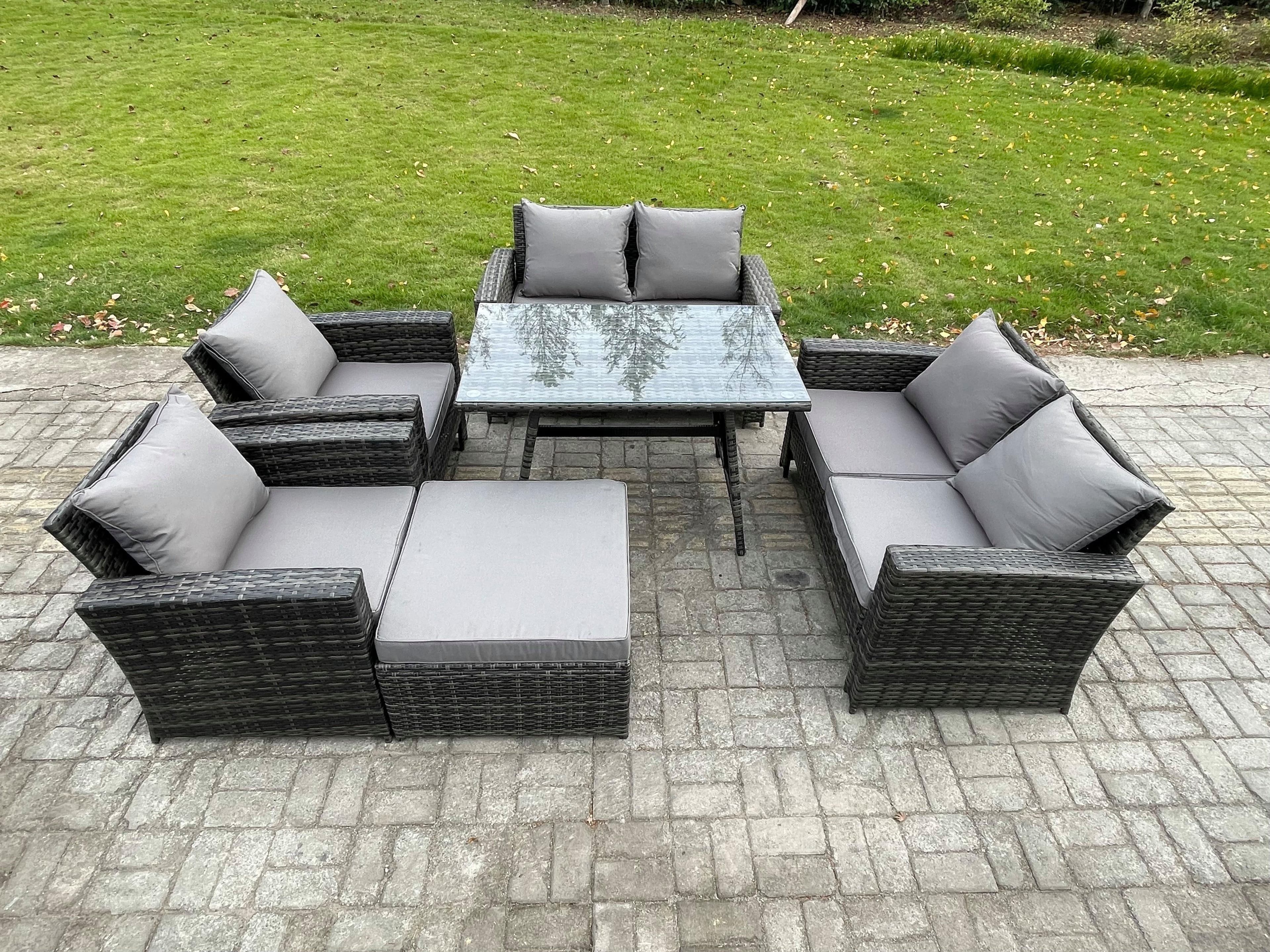 Rattan Garden Furniture Set 7 Seater Patio Outdoor Lounge Sofa Set Rectangular Dining Table Love Seat Sofa