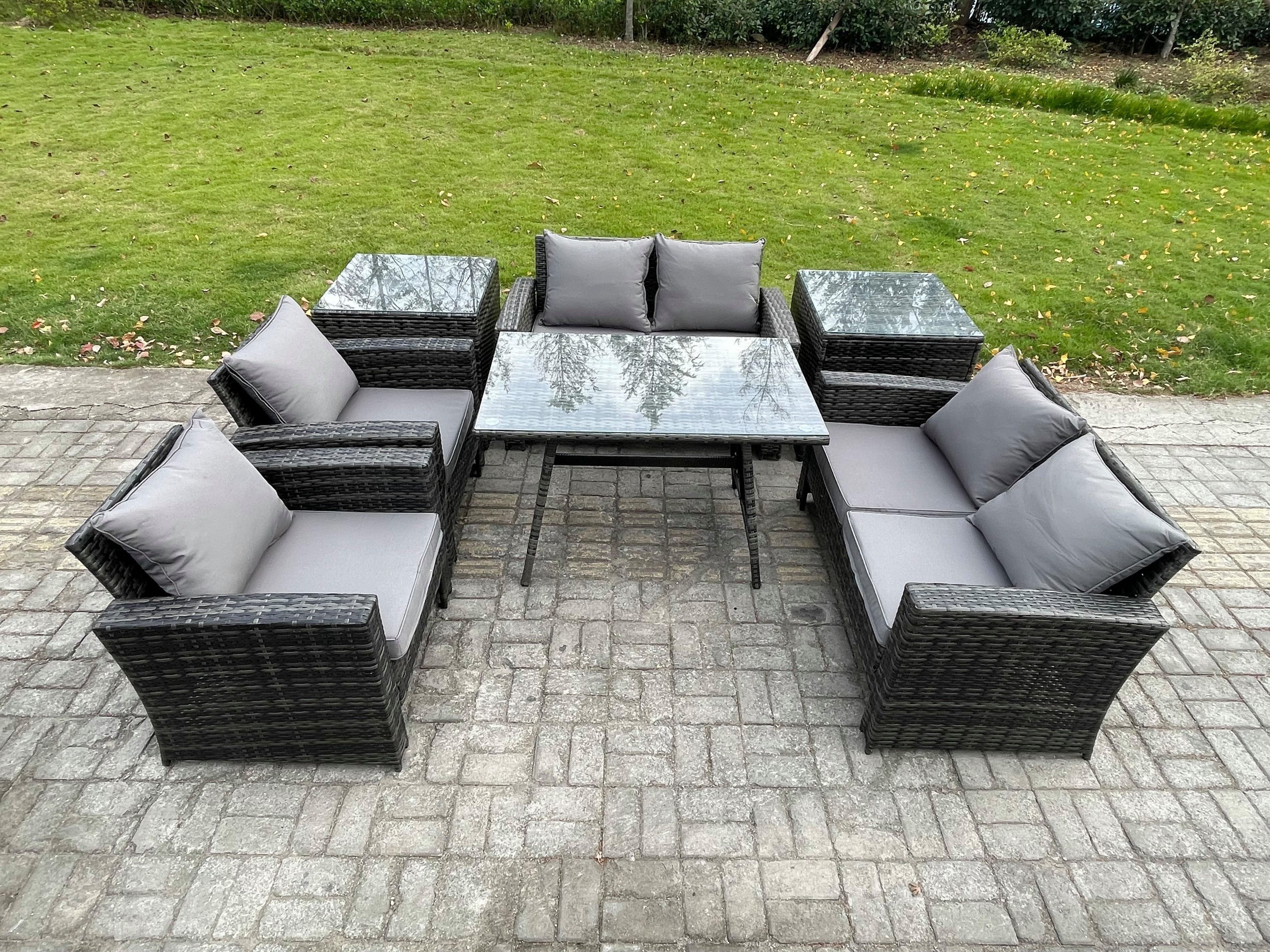 Rattan Garden Furniture Set Patio Outdoor Lounge Sofa Set Rectangular Dining Table Love Seat Sofa 2 Side Tables