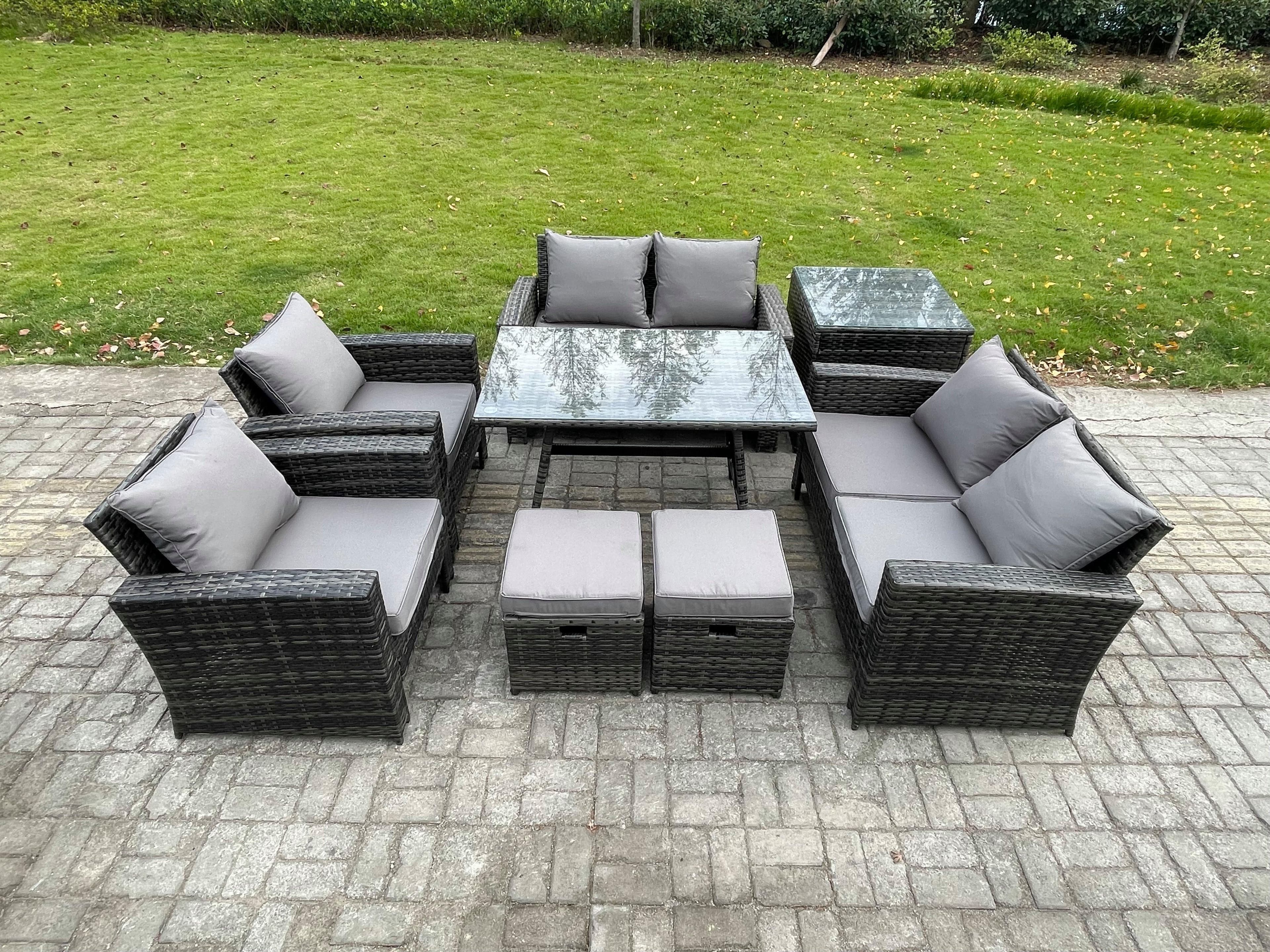 Rattan Garden Furniture Set 8 Seater Patio Outdoor Lounge Sofa Set Rectangular Dining Table Love Seat Sofa Side Table