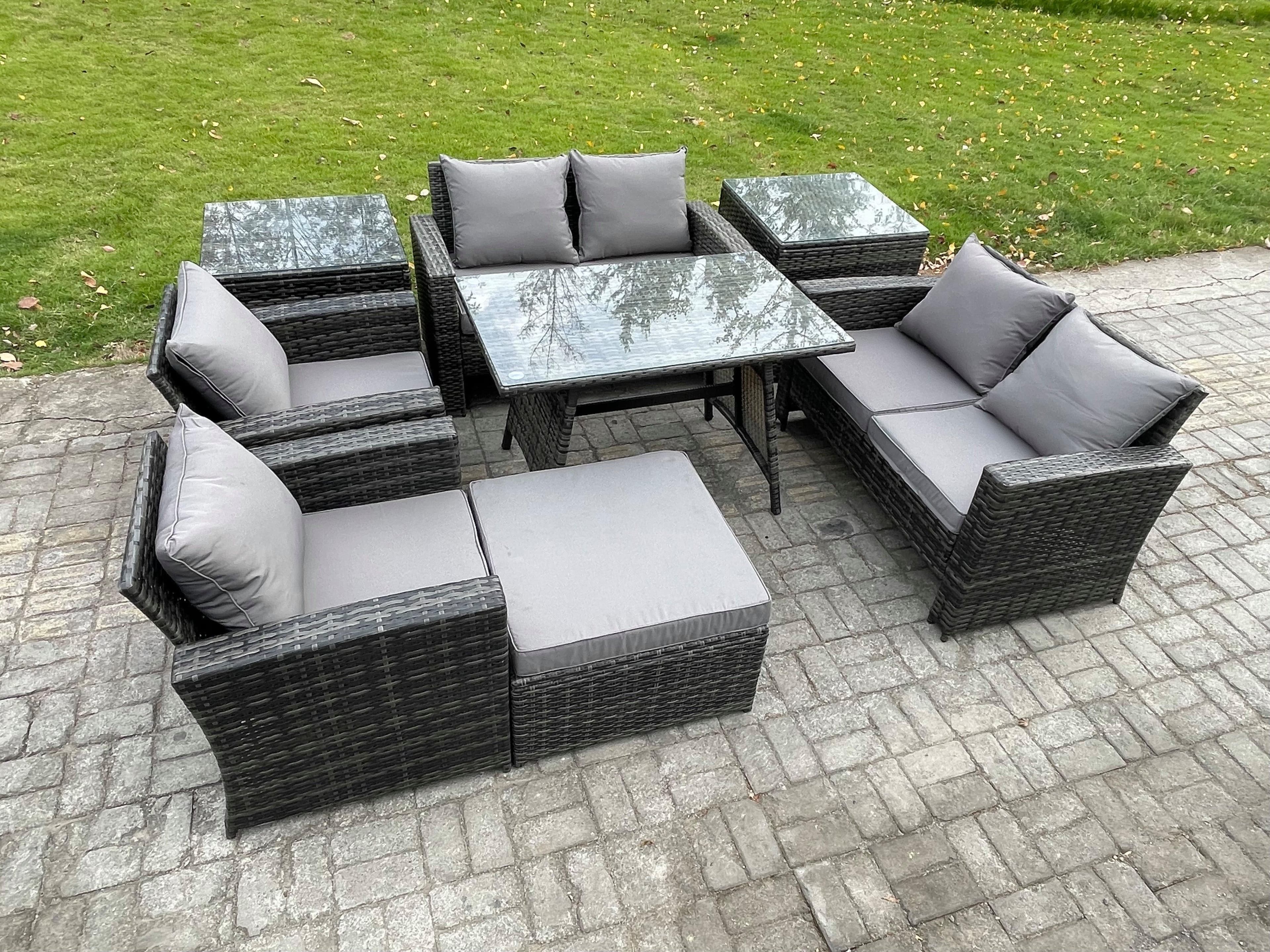 Rattan Garden Furniture Set Patio Outdoor Lounge Sofa Set Rectangular Dining Table Double Seat Sofa 2 Side Tables