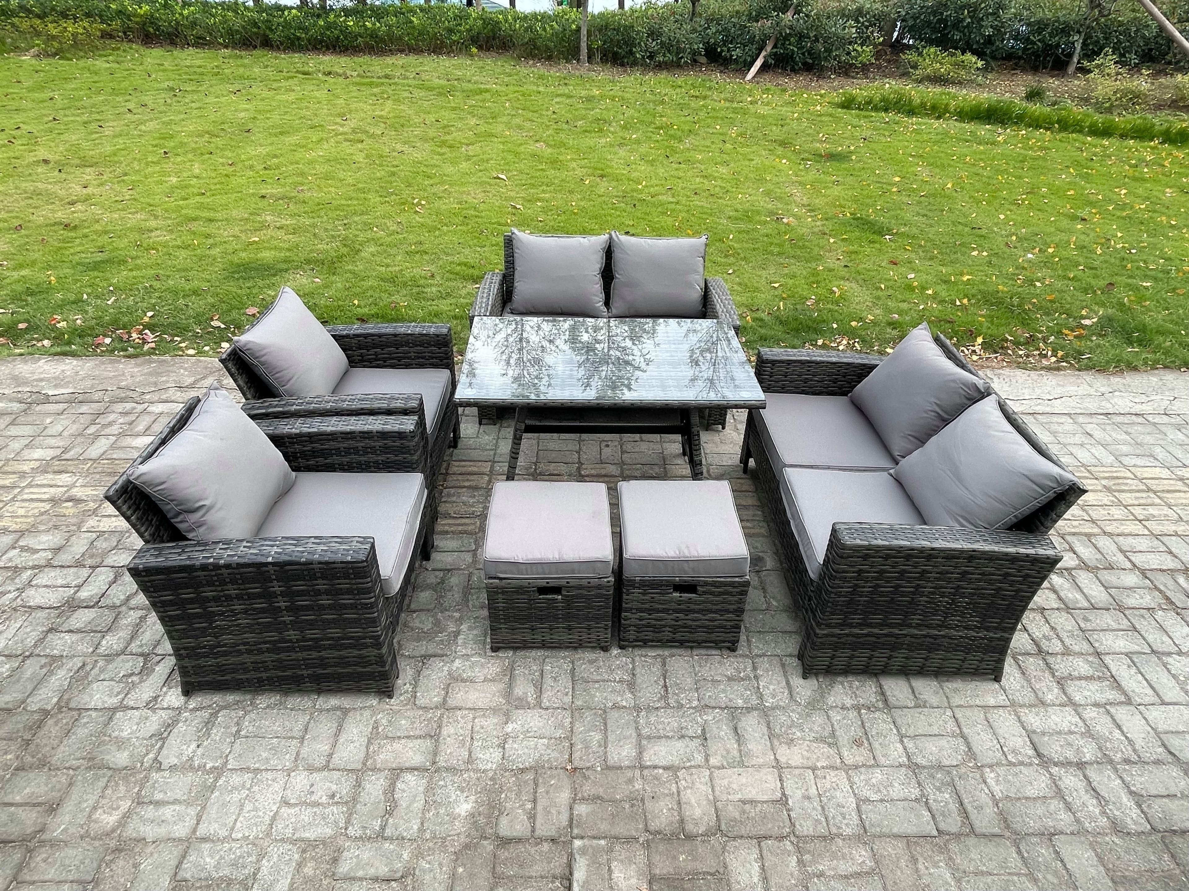 Rattan Garden Furniture Set Patio Outdoor Lounge Sofa Set Rectangular Dining Table Double Seat Sofa 2 Small Footstools