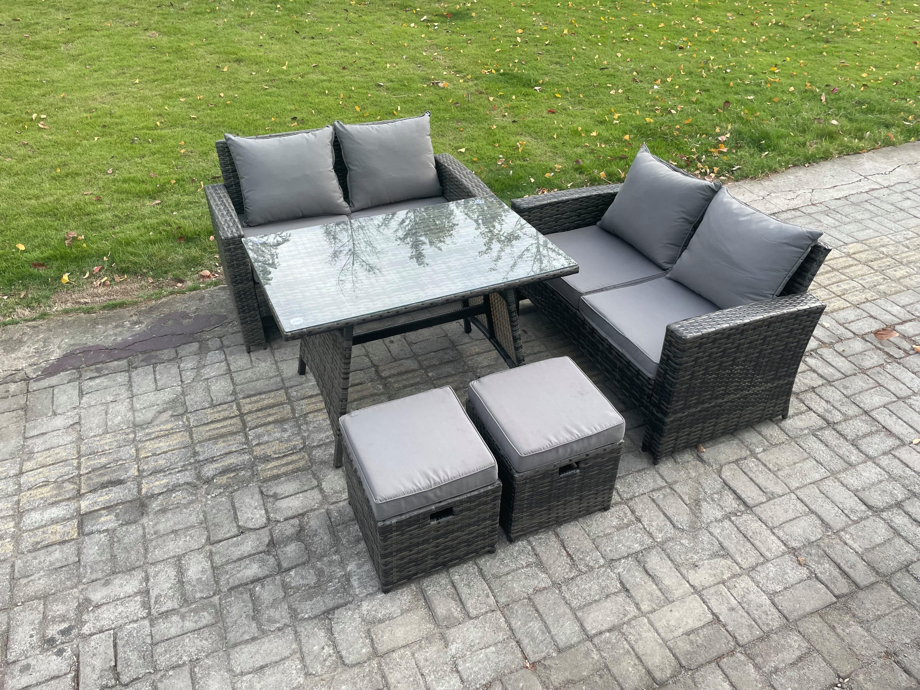 6 Seater Wicker PE Rattan Garden Dining Set Outdoor Furniture Sofa Rectangular Dining Table Double Seat Sofa 2 Small Footstools