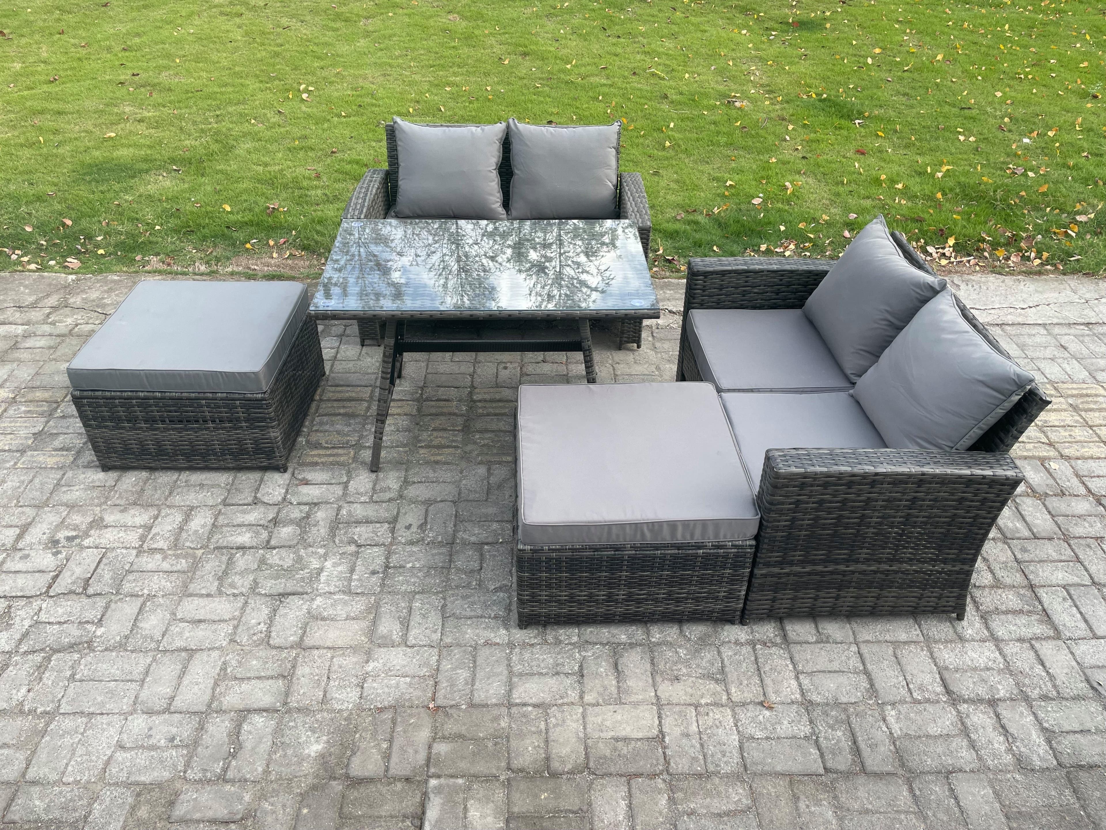 6 Seater Wicker PE Rattan Garden Dining Set Outdoor Furniture Sofa Rectangular Dining Table Double Seat Sofa 2 Big Footstool