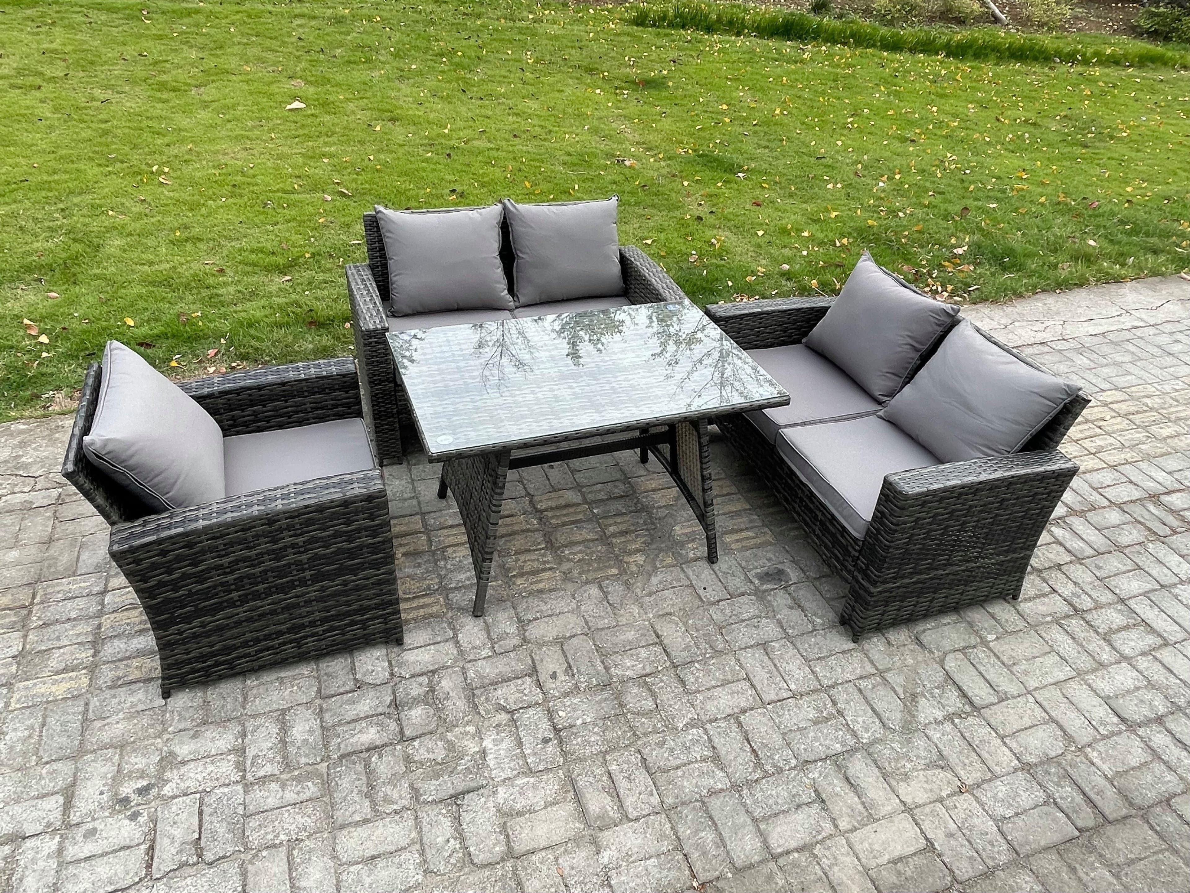 5 Seater Wicker PE Rattan Garden Dining Set Outdoor Furniture Sofa Rectangular Dining Table Double Seat Sofa Dark Grey Mixed