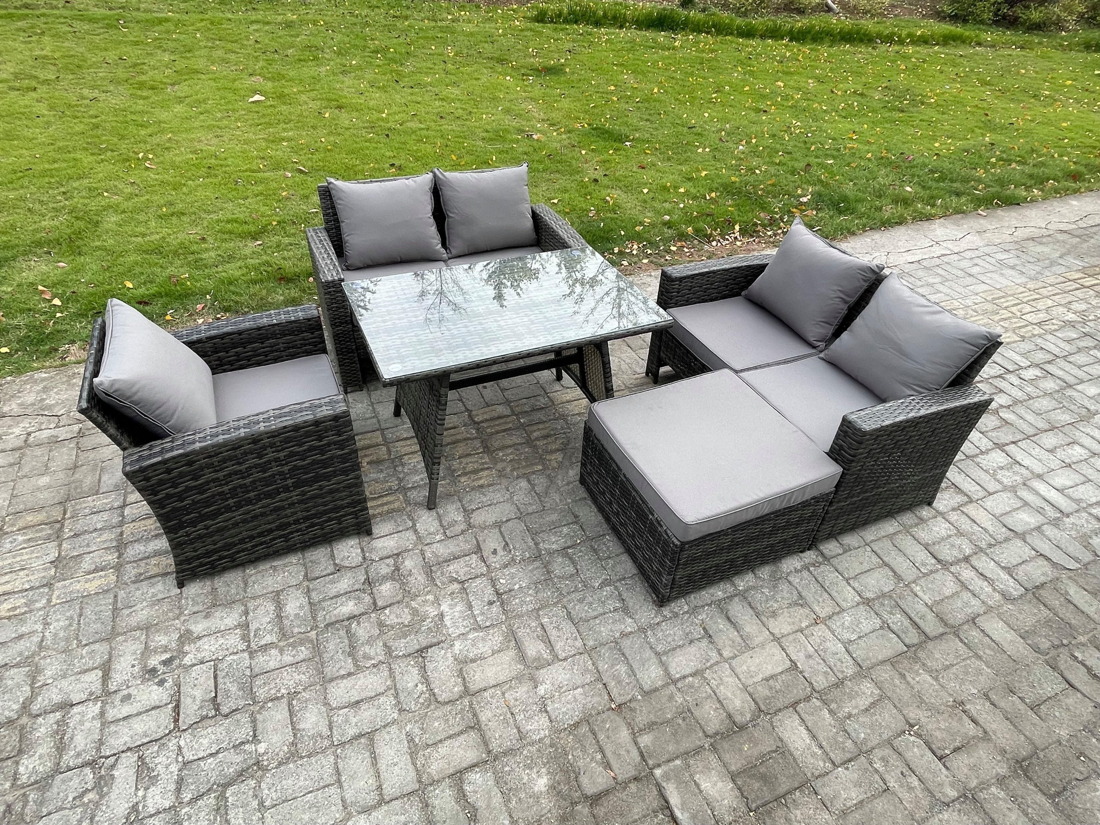 6 Seater Wicker PE Rattan Garden Dining Set Outdoor Furniture Sofa Rectangular Dining Table Double Seat Sofa Big Footstool