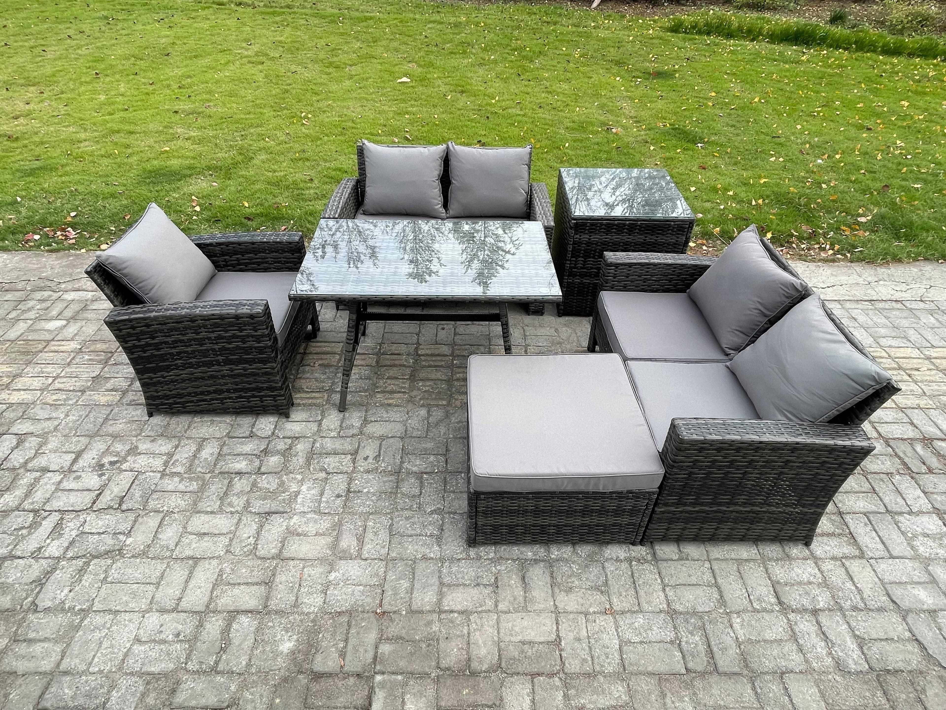 6 Seater Wicker PE Rattan Garden Dining Set Outdoor Furniture Sofa Rectangular Dining Table Double Seat Sofa Big Footstool Side Table