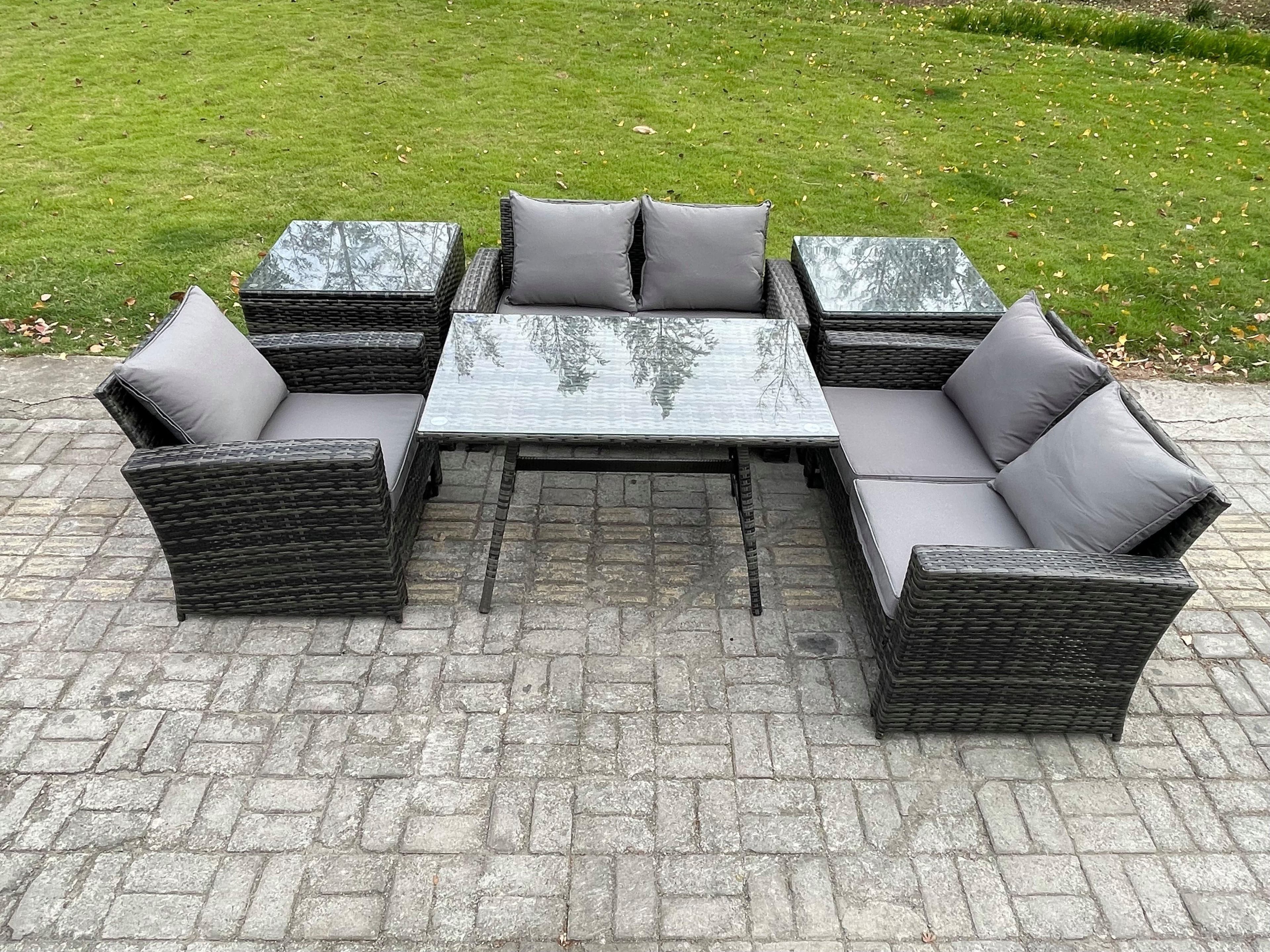 Wicker PE Rattan Garden Dining Set Outdoor Furniture Sofa Rectangular Dining Table Love Seat Sofa 2 Side Tables