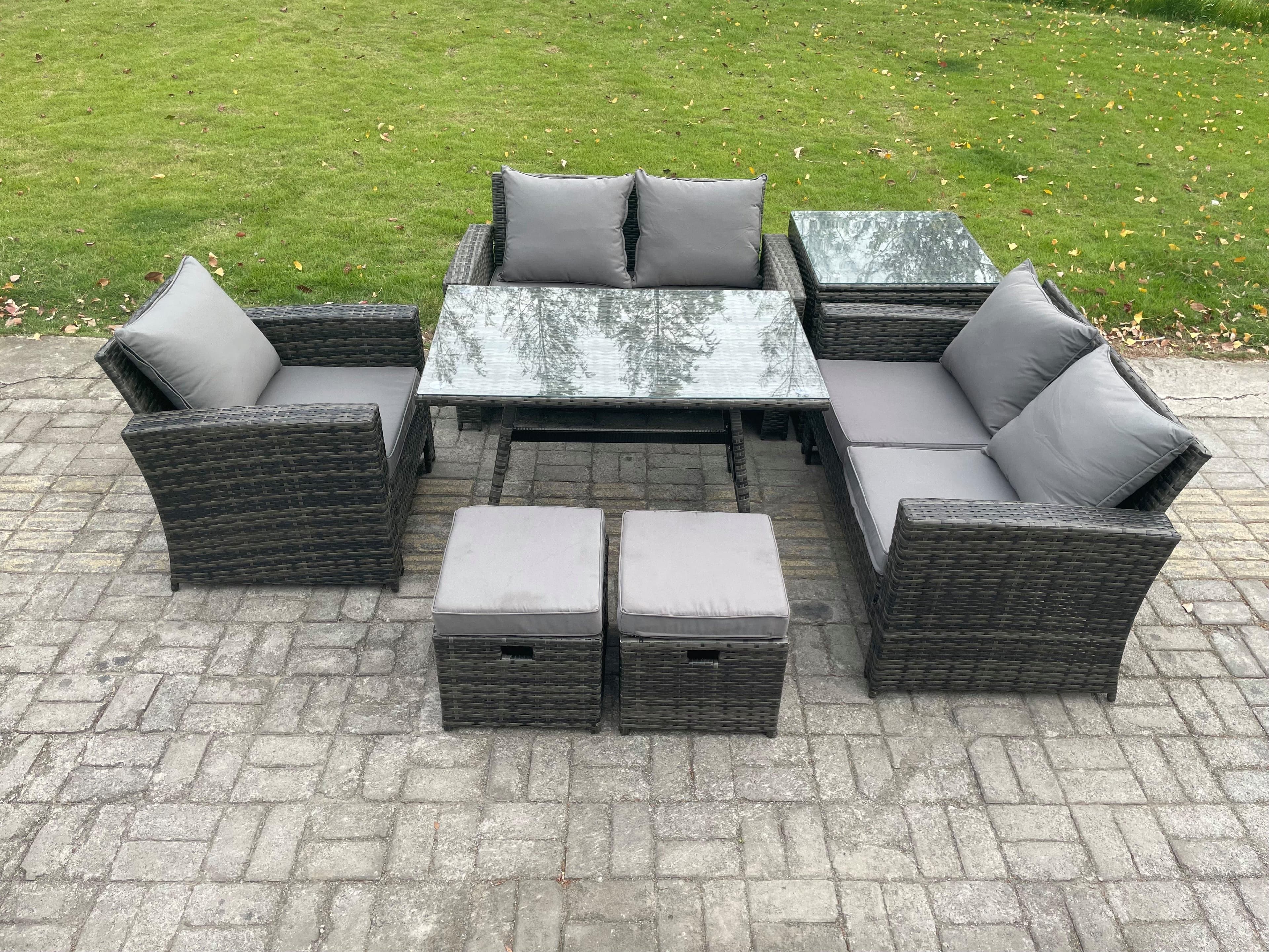 Wicker PE Rattan Garden Dining Set Outdoor Furniture Sofa Rectangular Dining Table Love Seat Sofa Side Table 2 Small Footstools