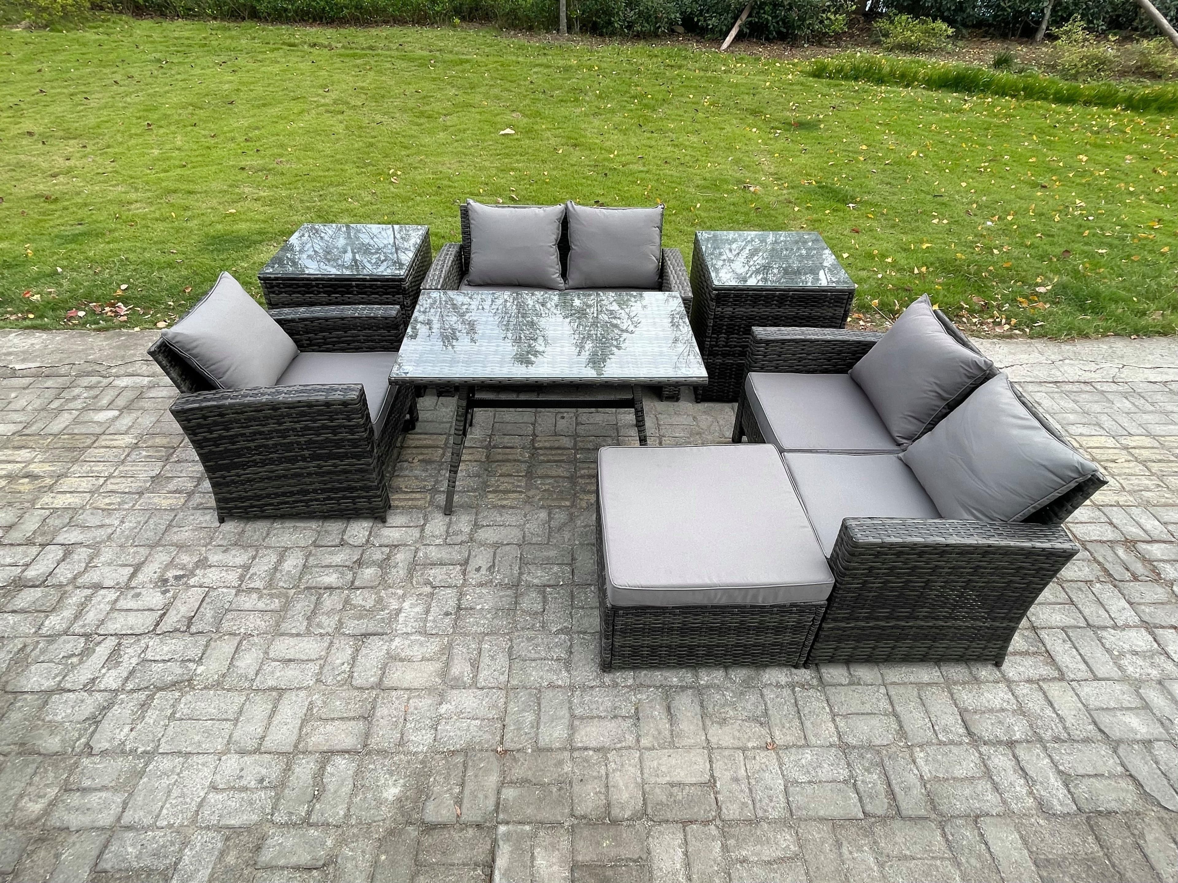 Wicker PE Rattan Garden Dining Set Outdoor Furniture Sofa Rectangular Dining Table Love Seat Sofa 2 Side Tables Big Footstool