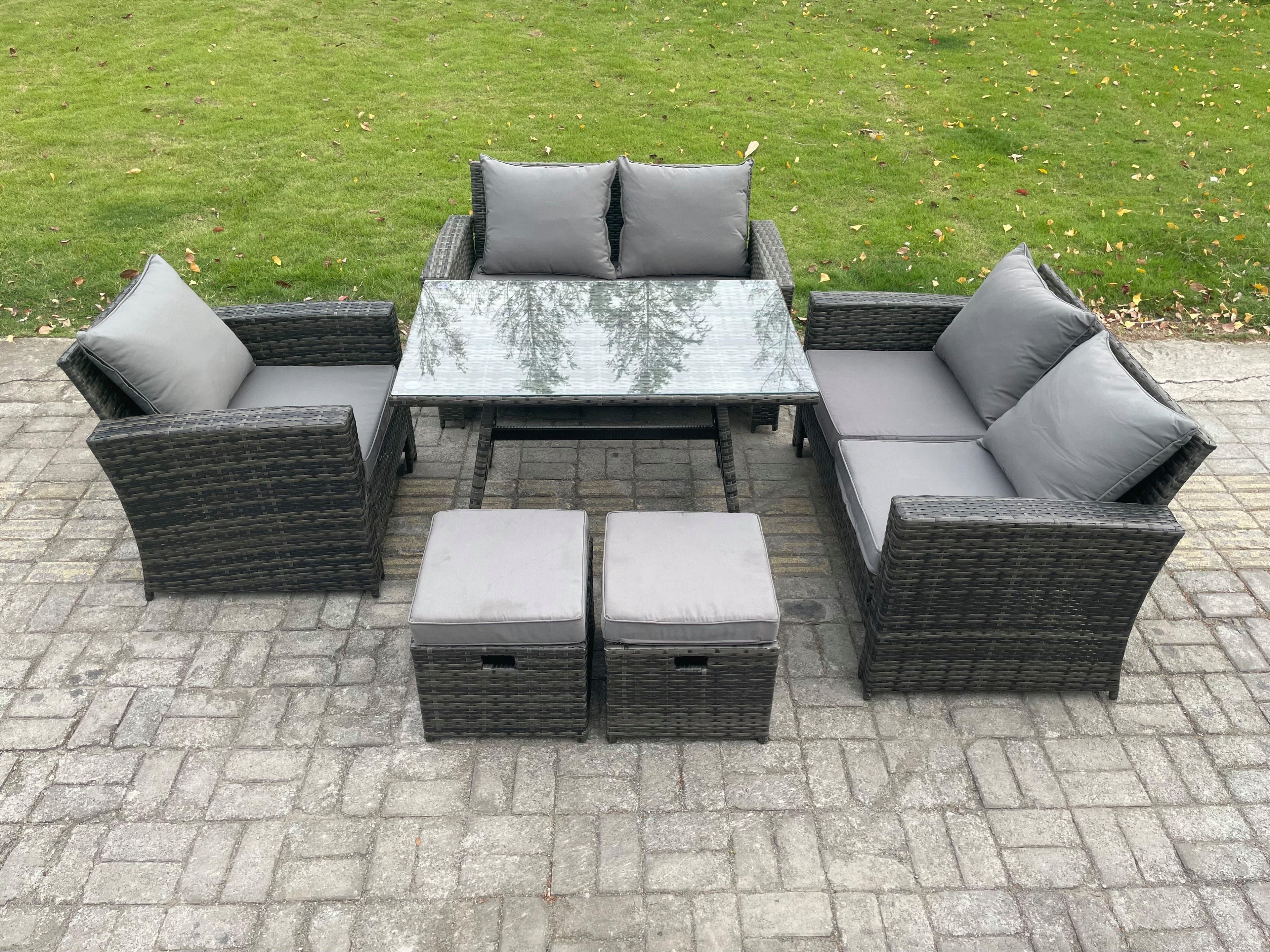 Wicker PE Rattan Garden Dining Set Outdoor Furniture Sofa Rectangular Dining Table Love Seat Sofa 2 Small Footstools