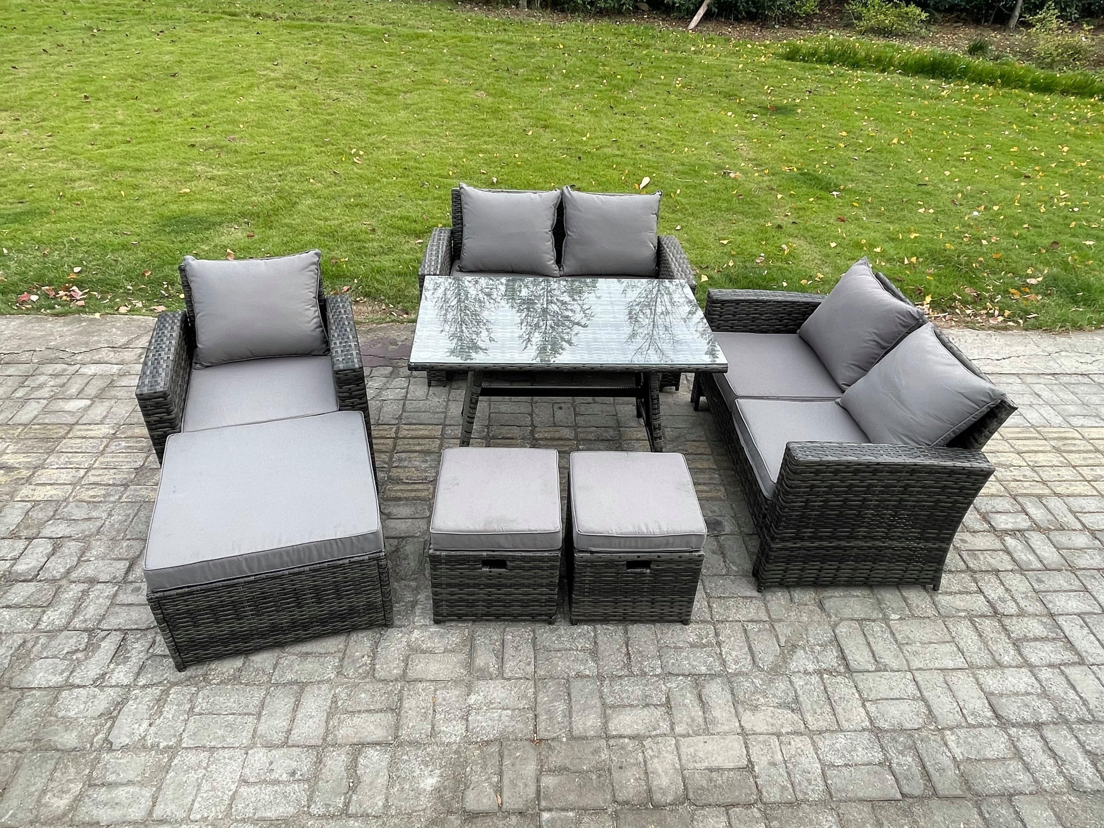 8 Seater Garden Dining Set Wicker PE Rattan Outdoor Furniture Sofa Rectangular Dining Table Double Seat Sofa Dark Grey Mixed