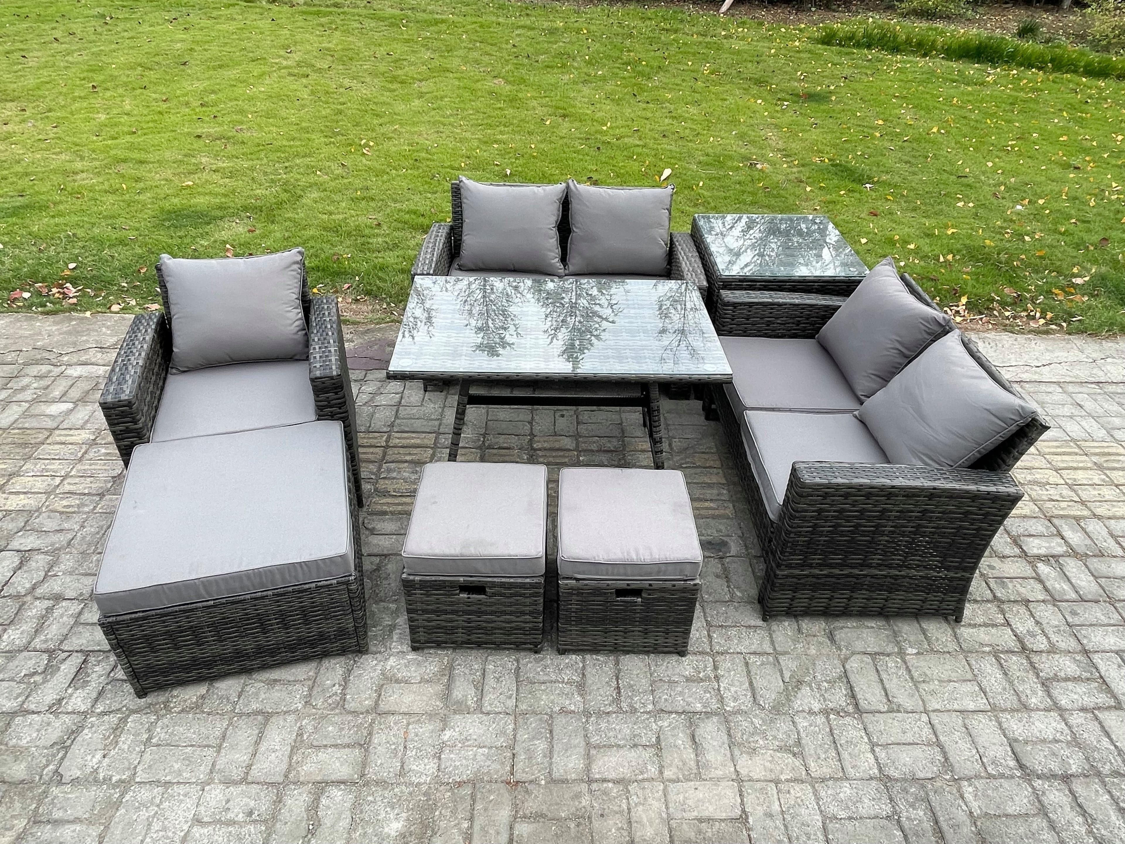 8 Seater Garden Dining Set Wicker PE Rattan Outdoor Furniture Sofa Rectangular Dining Table Double Seat Sofa Side Table 3 Footstools