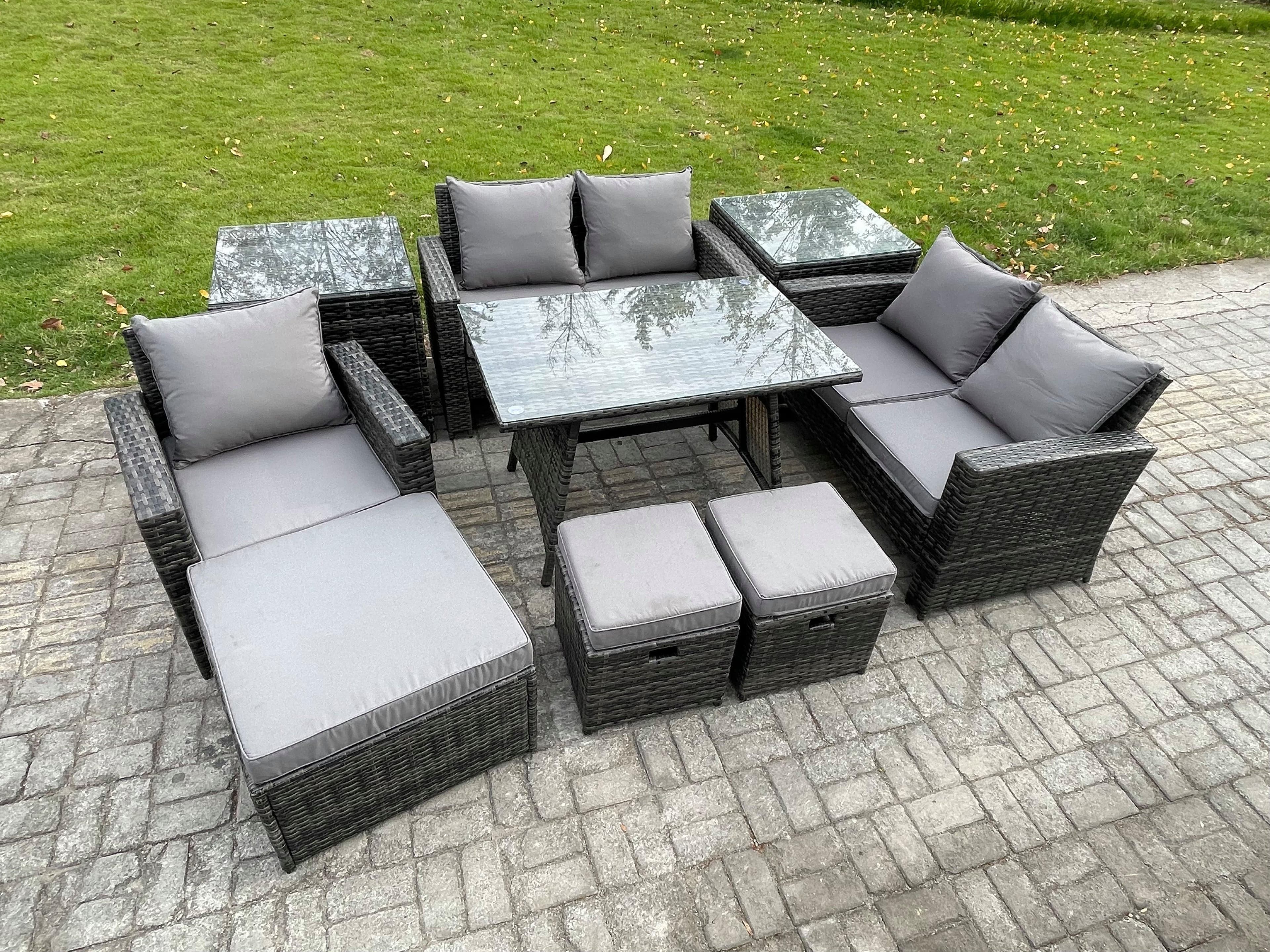 Garden Dining Set Wicker PE Rattan Outdoor Furniture Sofa Rectangular Dining Table Double Seat Sofa 2 Side Tables 3 Footstools