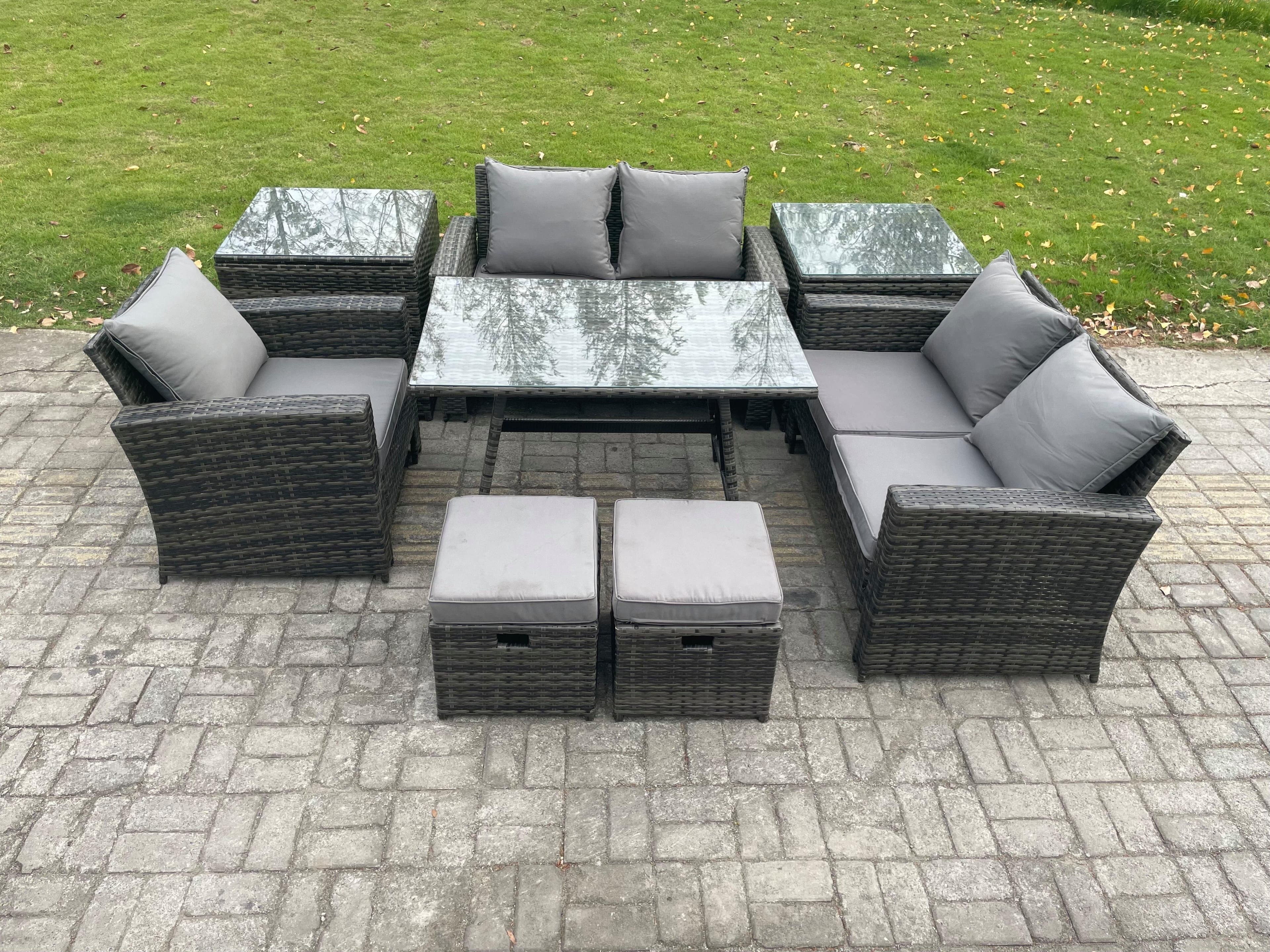 Garden Dining Set Wicker PE Rattan Outdoor Furniture Sofa Rectangular Dining Table Double Seat Sofa 2 Side Tables 2 Small Footstools