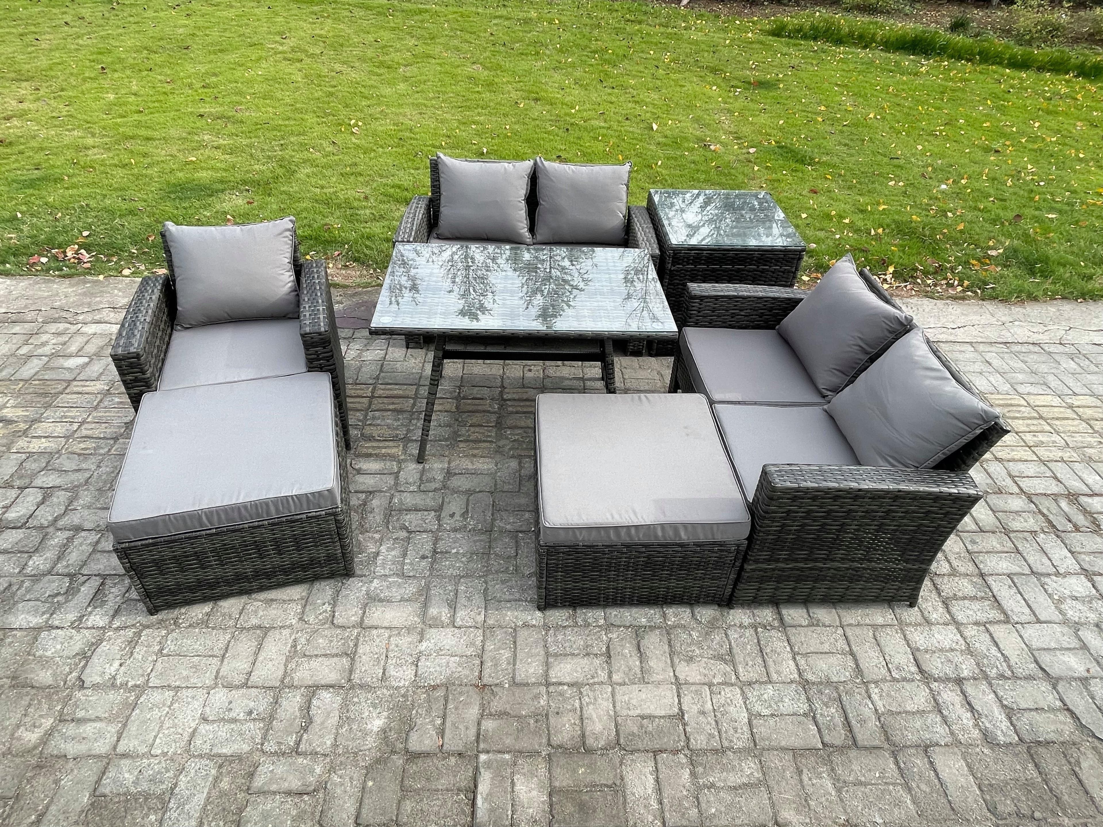 Garden Dining Set Wicker PE Rattan Outdoor Furniture Sofa Rectangular Dining Table Double Seat Sofa Side Table 2 Big Footstool