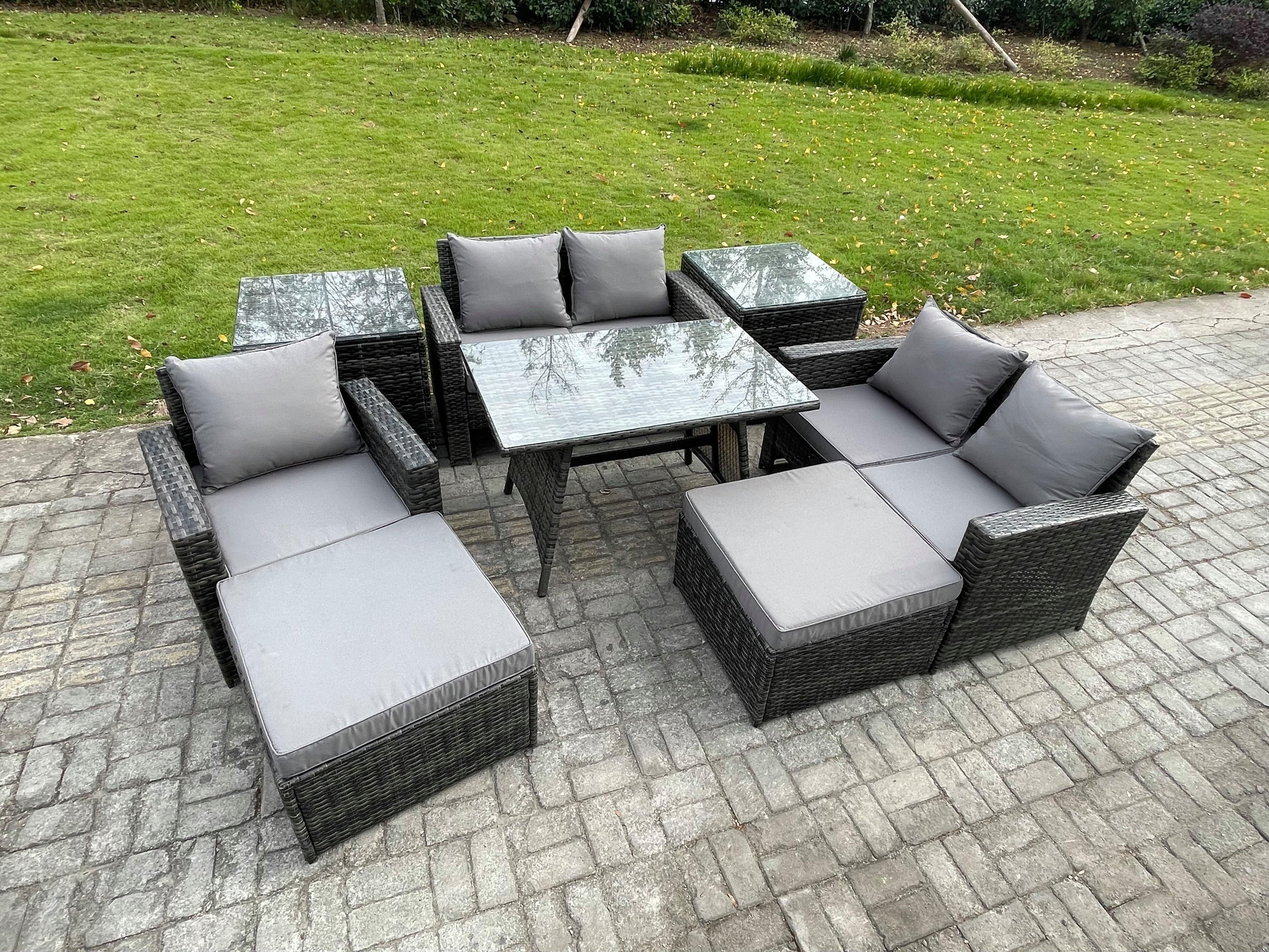 Garden Dining Set Wicker PE Rattan Outdoor Furniture Sofa Rectangular Dining Table Double Seat Sofa 2 Side Tables 2 Big Footstool