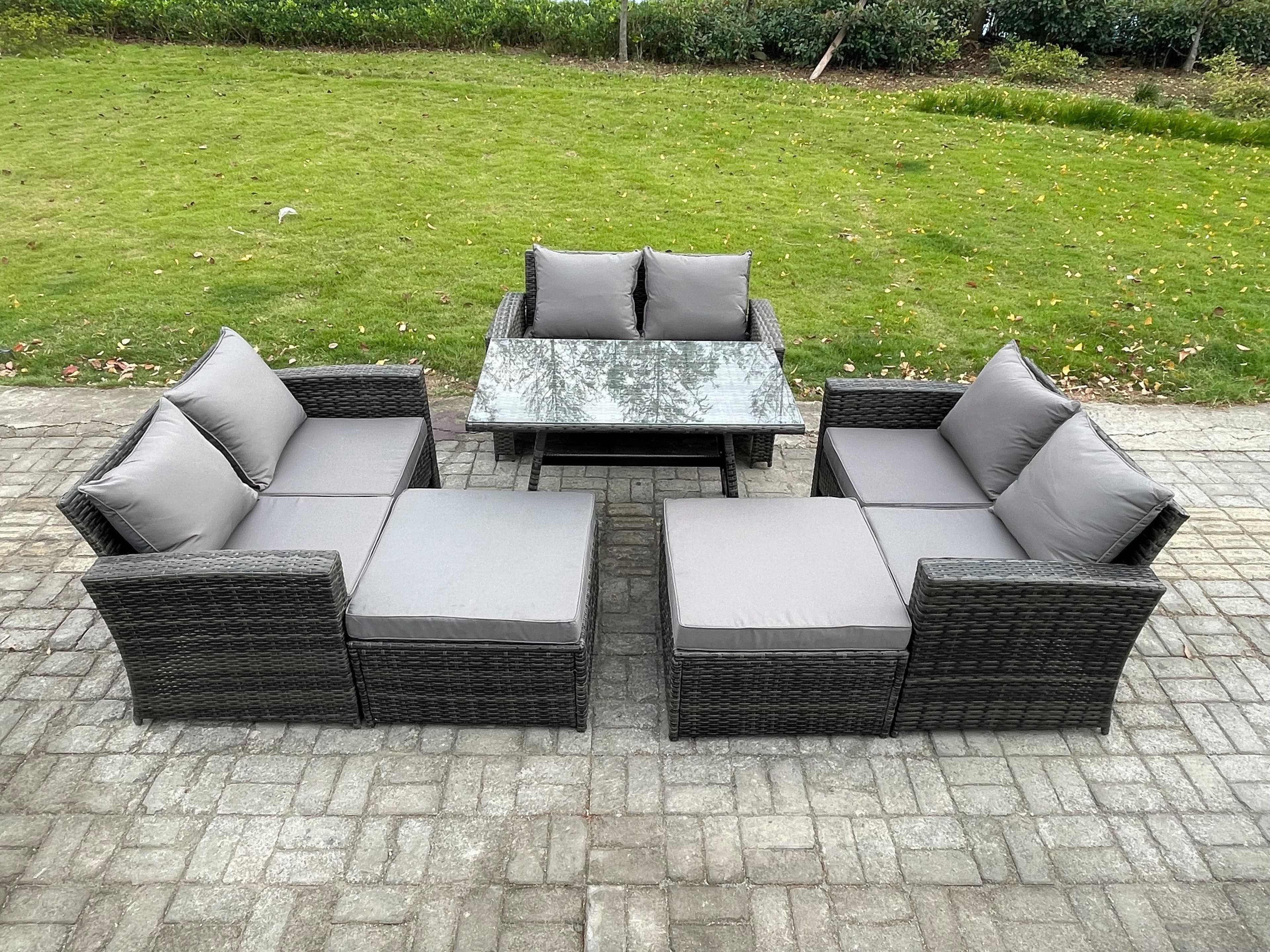 8 Seater Garden Dining Set Wicker PE Rattan Outdoor Furniture Sofa Rectangular Dining Table Double Seat Sofa 2 Big Footstool