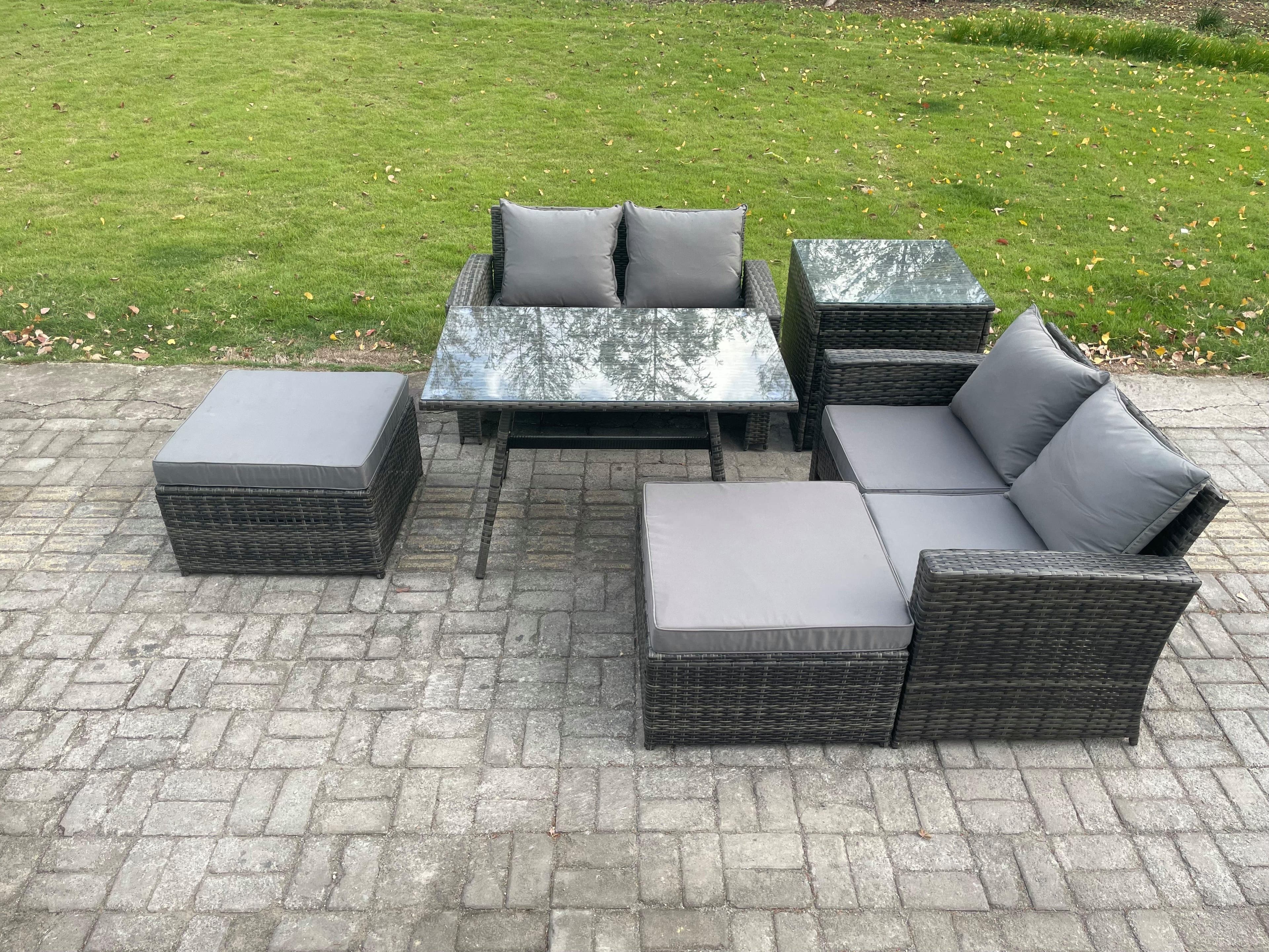 6 Seater Garden Dining Set Wicker PE Rattan Outdoor Furniture Sofa Rectangular Dining Table Double Seat Sofa 2 Big Footstool Side Table
