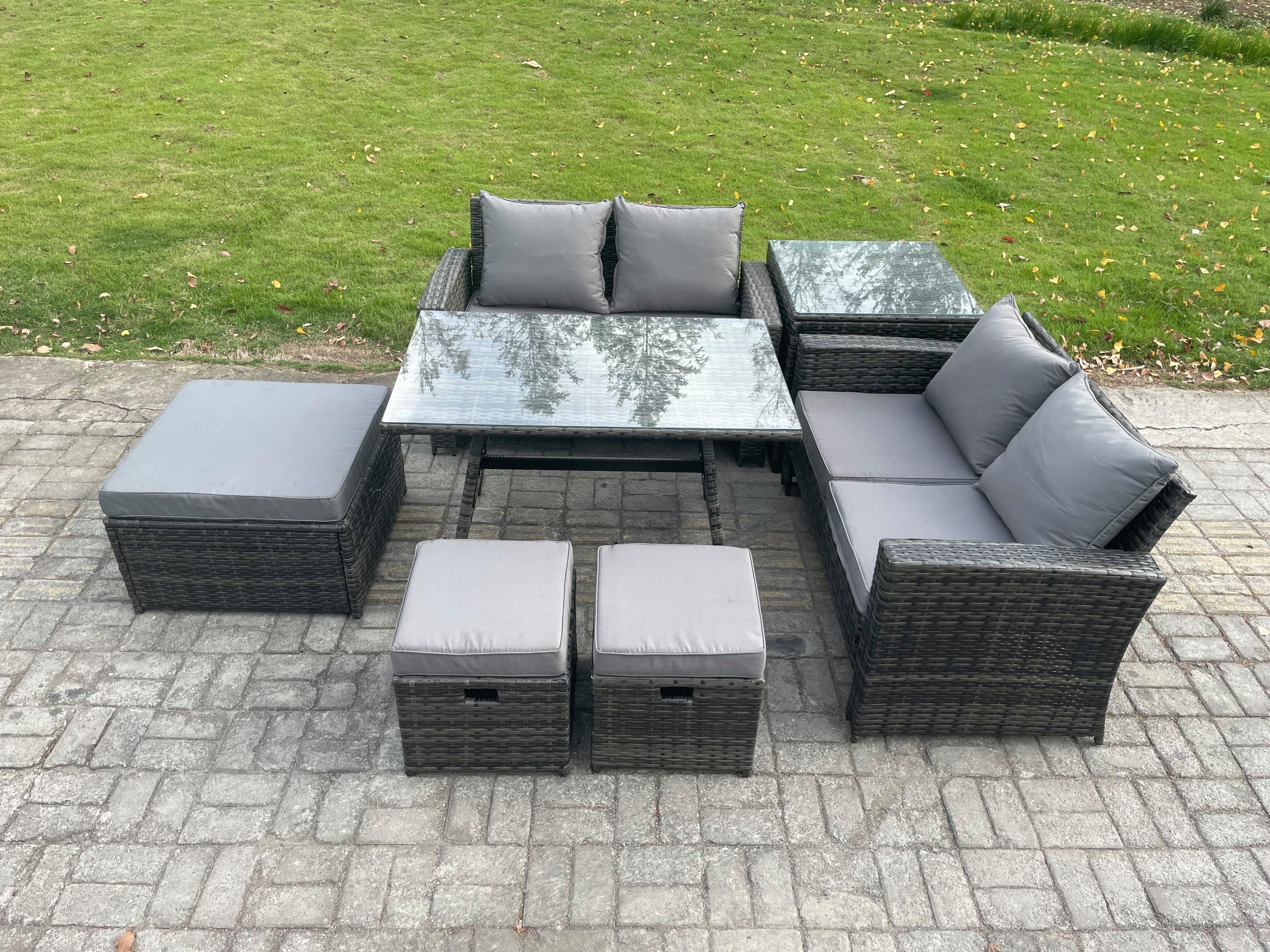 7 Seater Garden Dining Set Wicker PE Rattan Outdoor Furniture Sofa Rectangular Dining Table Double Seat Sofa 3 Footstools Side Table