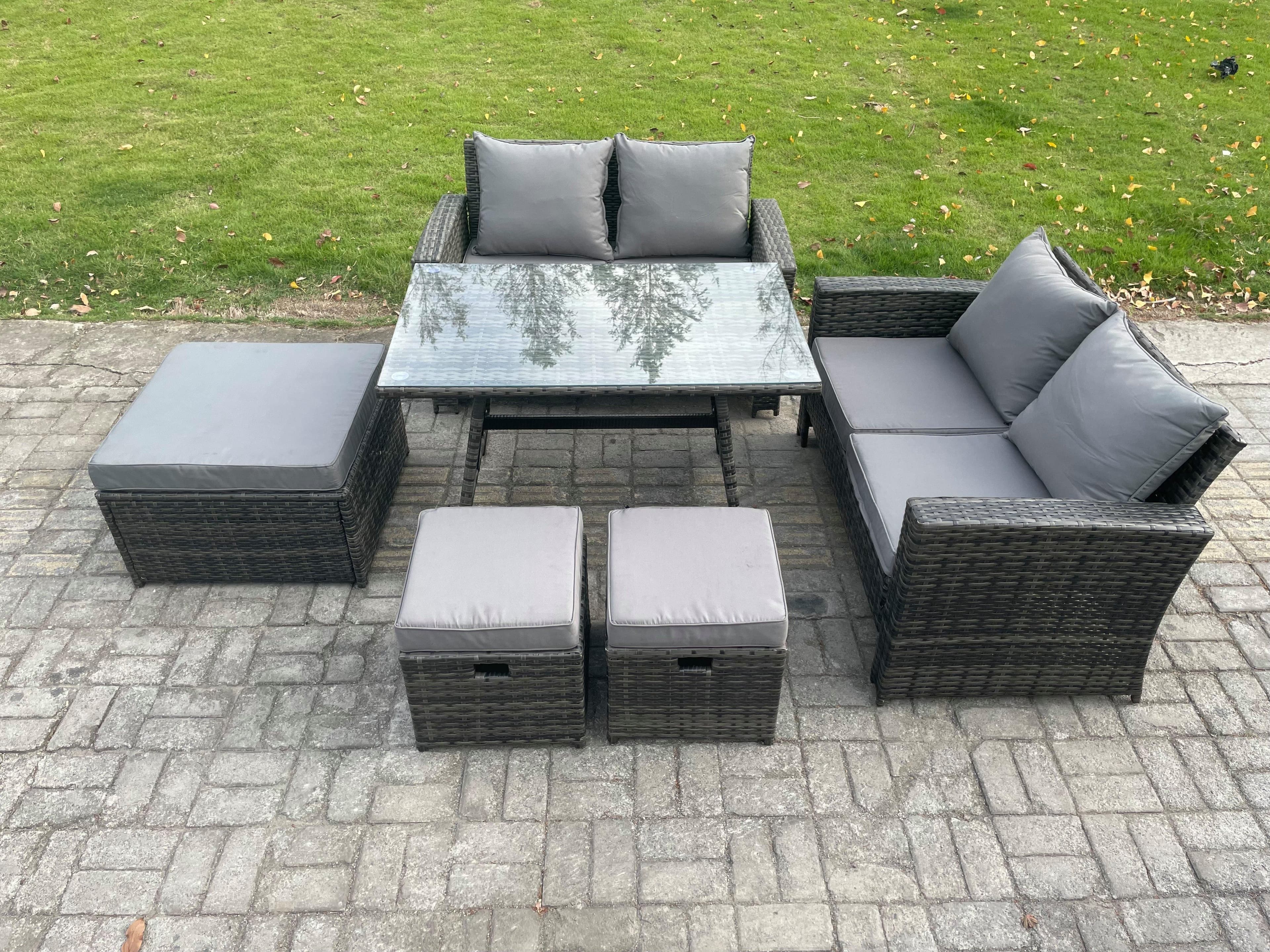 7 Seater Garden Dining Set Wicker PE Rattan Outdoor Furniture Sofa Rectangular Dining Table Double Seat Sofa 3 Footstools