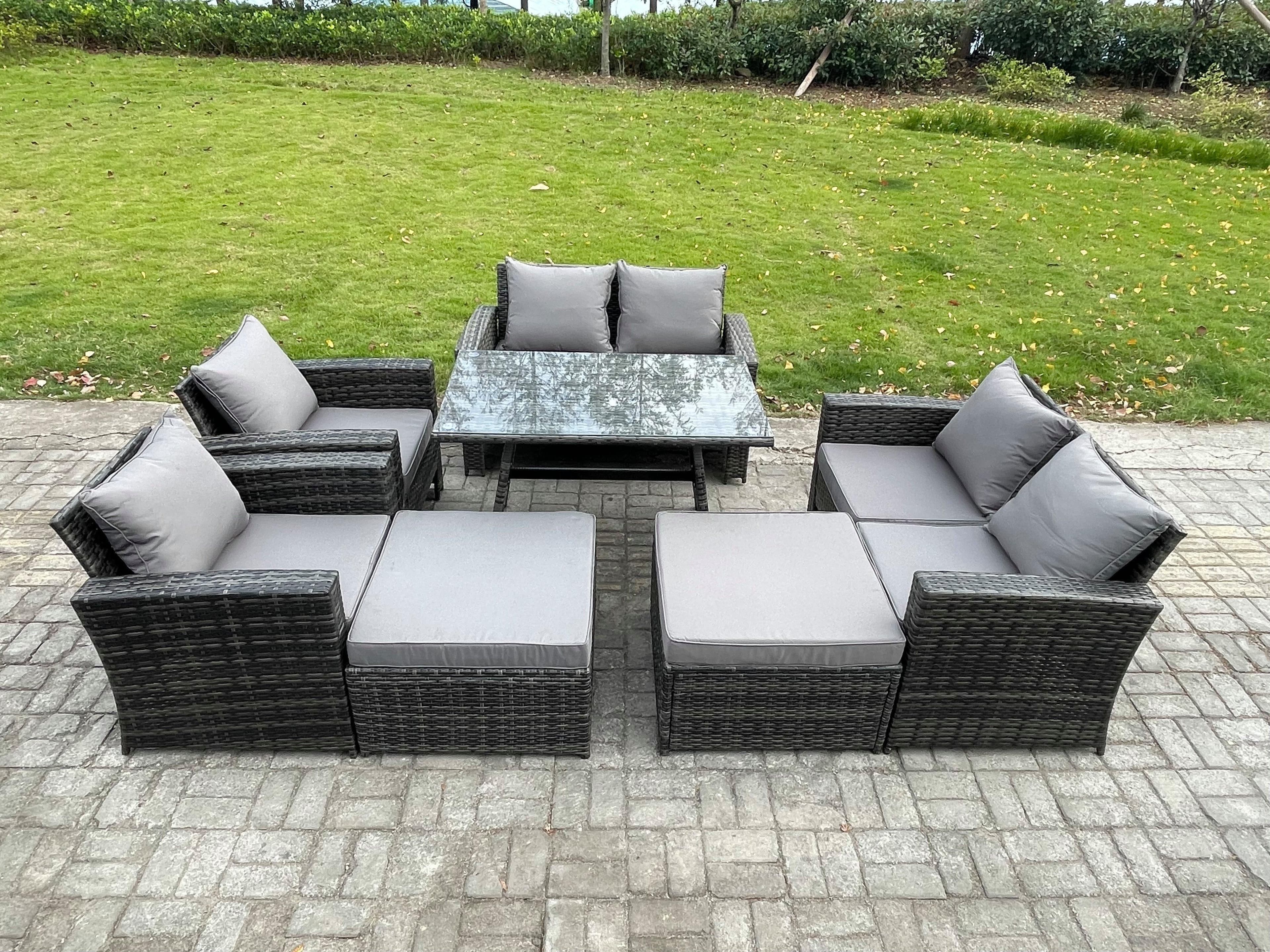 8 Seater Garden Dining Set Wicker PE Rattan Outdoor Furniture Sofa Rectangular Dining Table Double Seat Sofa 2 Big Footstool Armchair