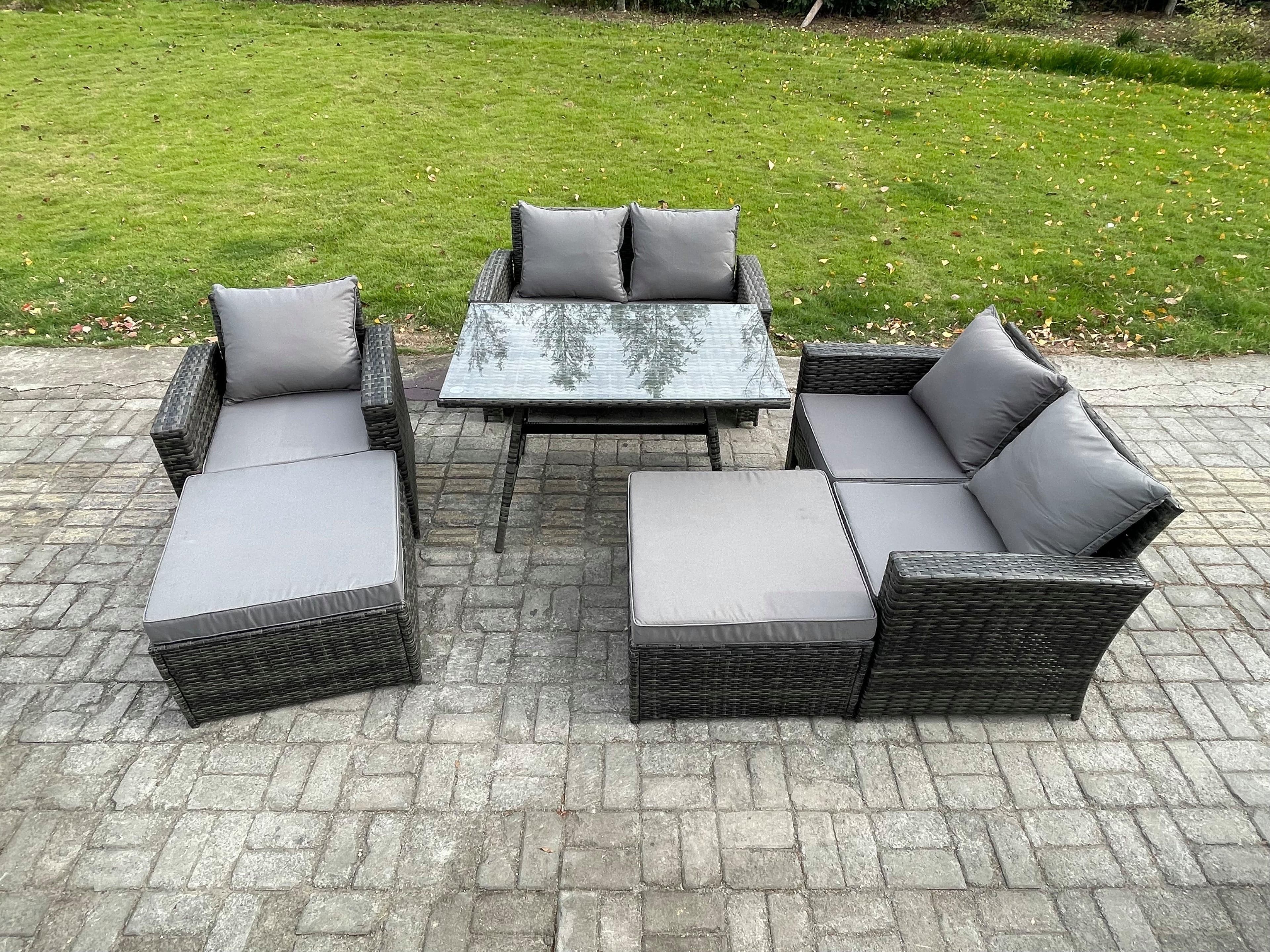 Garden Dining Set Wicker PE Rattan Outdoor Furniture Sofa Rectangular Dining Table Double Seat Sofa 2 Big Footstool Armchair
