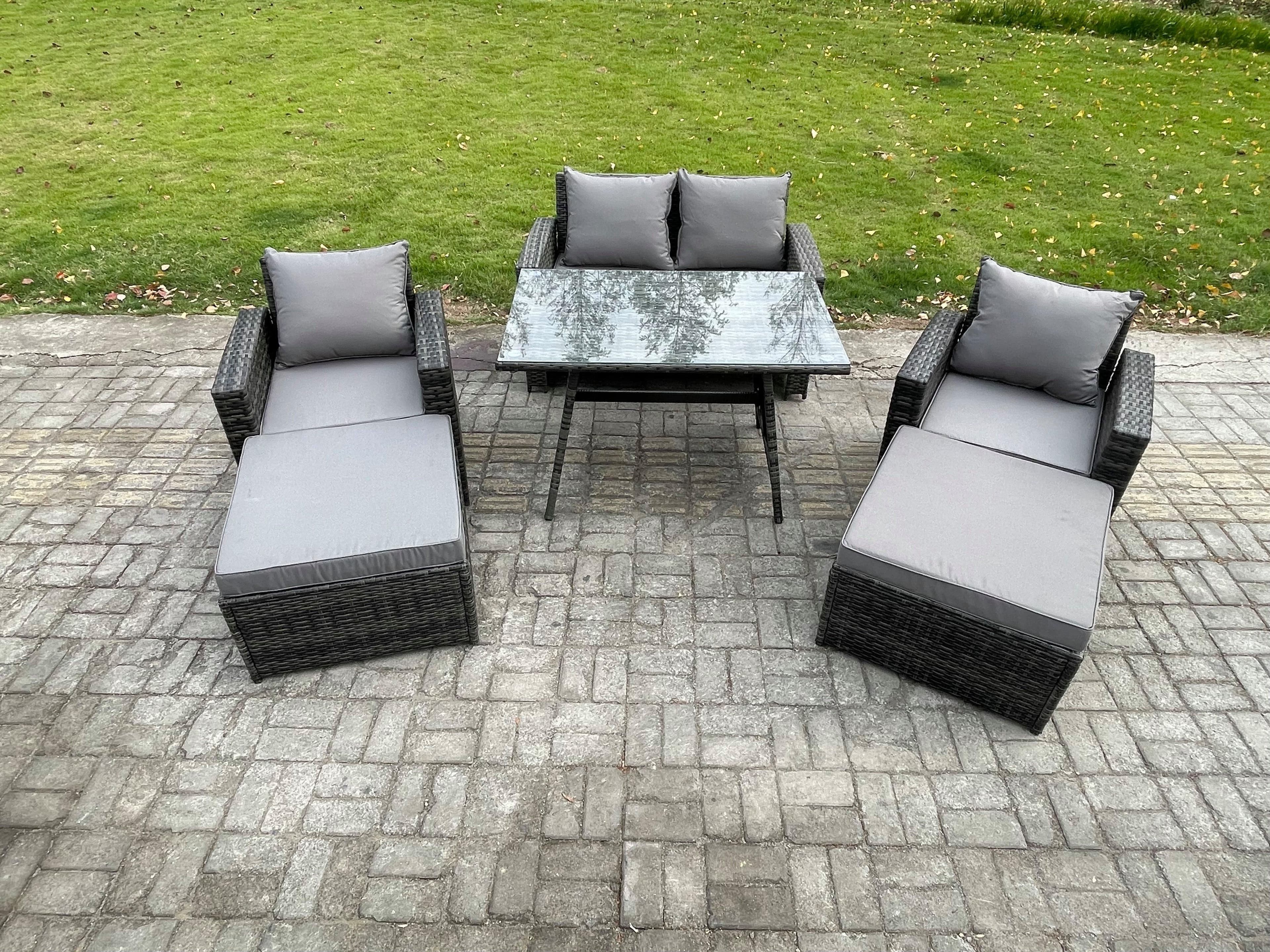 Garden Dining Set Wicker PE Rattan Outdoor Furniture Sofa Rectangular Dining Table Double Seat Sofa 2 Big Footstool 2 Armchairs