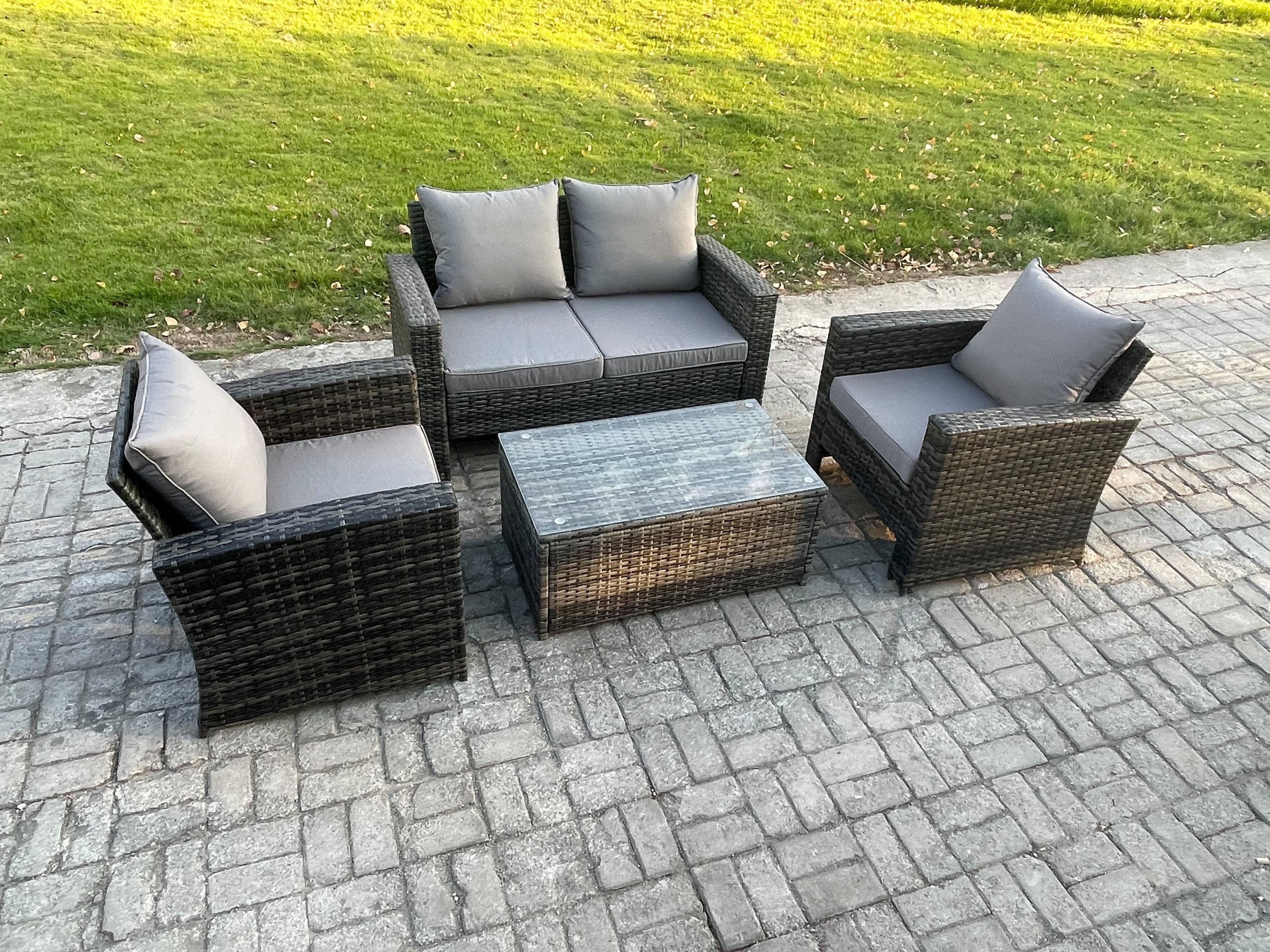 Outdoor Lounge Sofa Set Wicker PE Rattan Garden Furniture Set Coffee Table Double Seat Sofa
