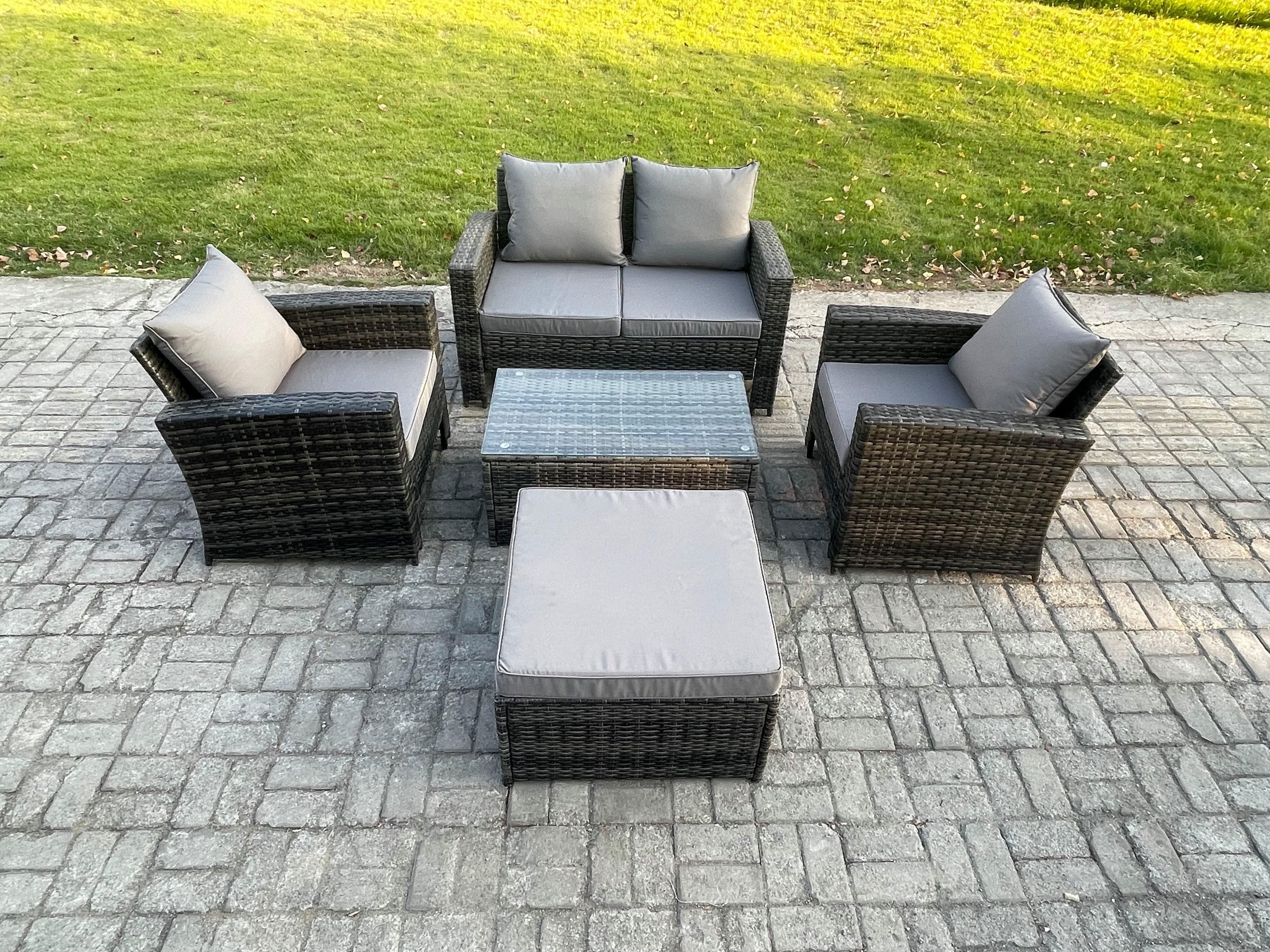 Outdoor Lounge Sofa Set Wicker PE Rattan Garden Furniture Set Coffee Table Double Seat Sofa Dark Grey Mixed