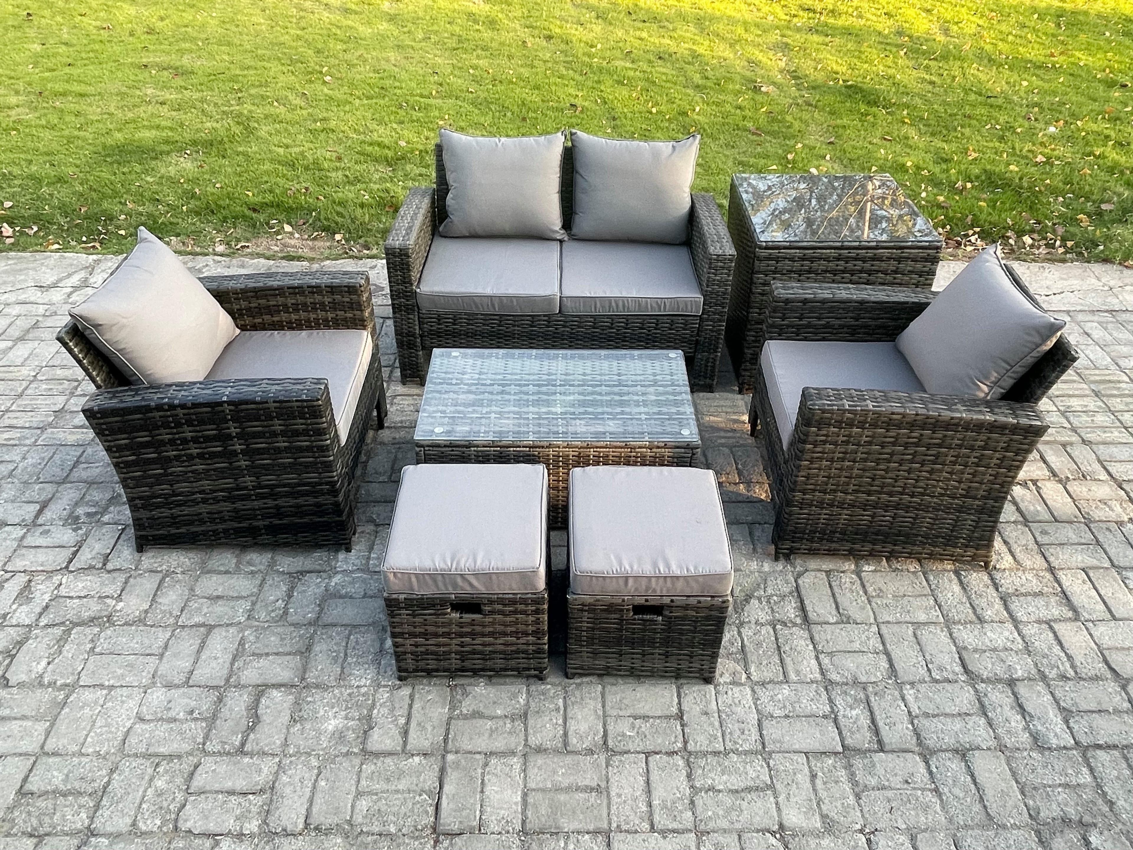 Outdoor Lounge Sofa Set Wicker PE Rattan Garden Furniture Set Rectangular Coffee Table Double Seat Sofa Side Table