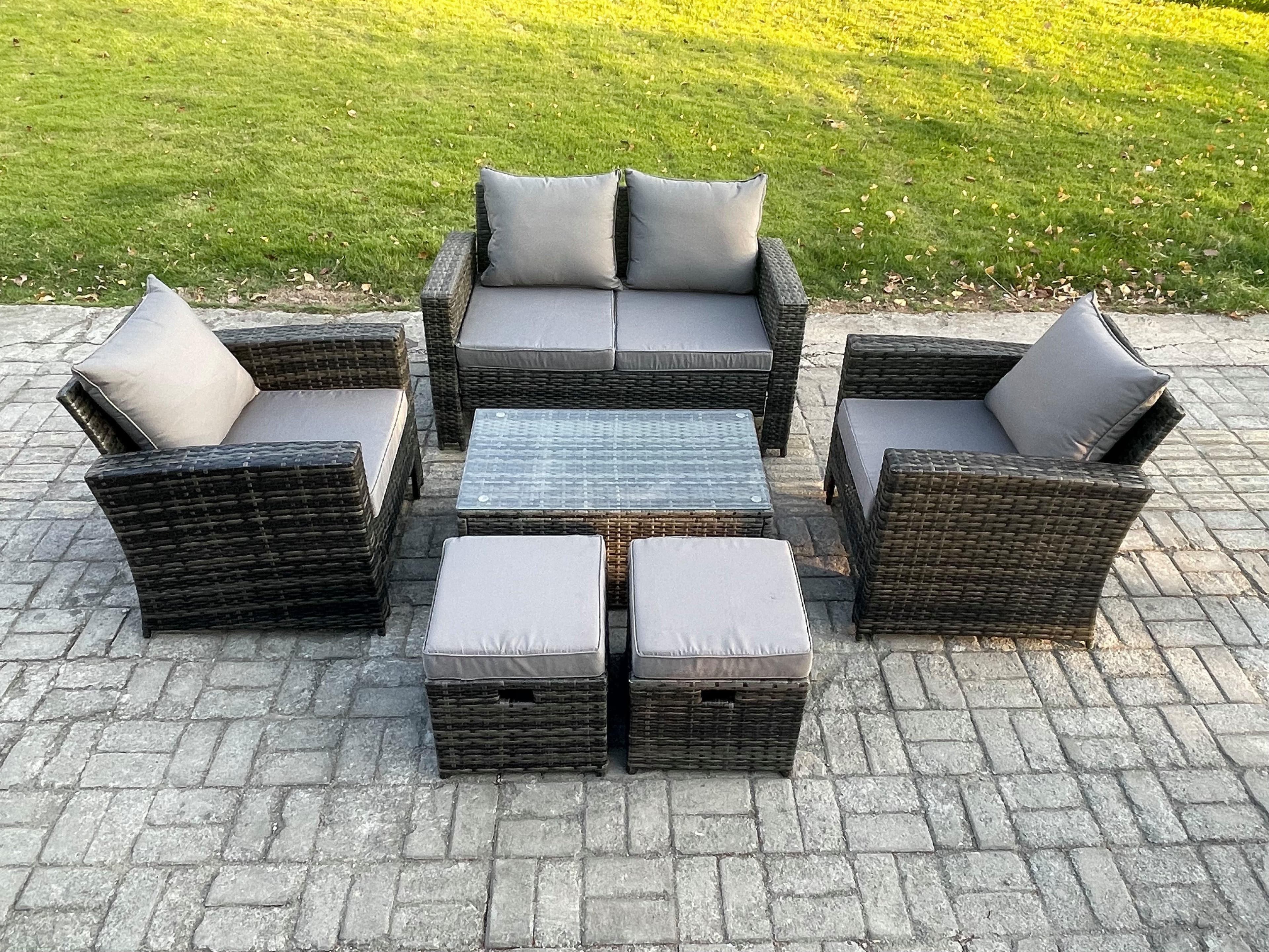 6 Seater Outdoor Lounge Sofa Set Wicker PE Rattan Garden Furniture Set Rectangular Coffee Table Double Seat Sofa