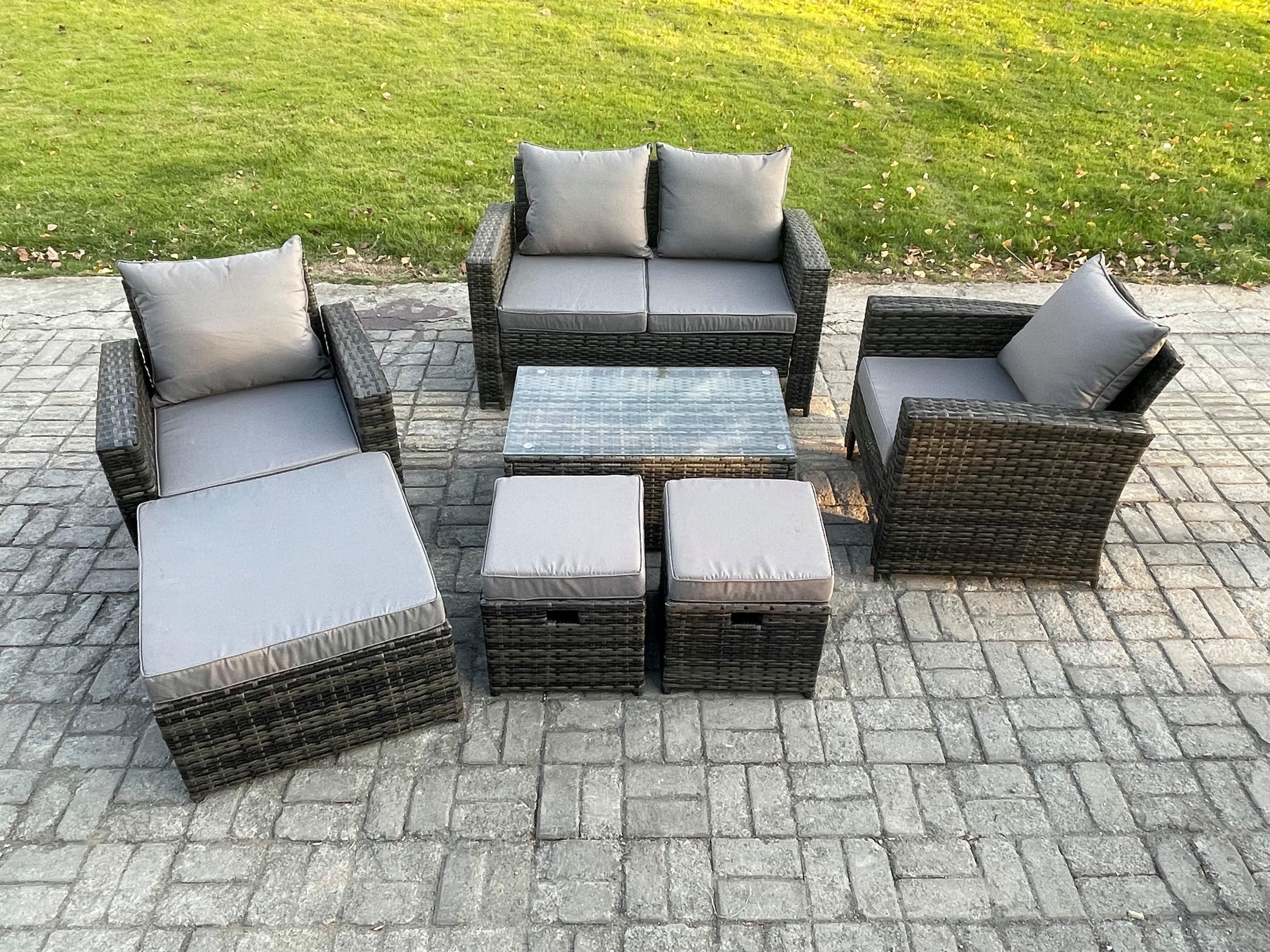 7 Seater Outdoor Lounge Sofa Set Wicker PE Rattan Garden Furniture Set Rectangular Coffee Table Double Seat Sofa
