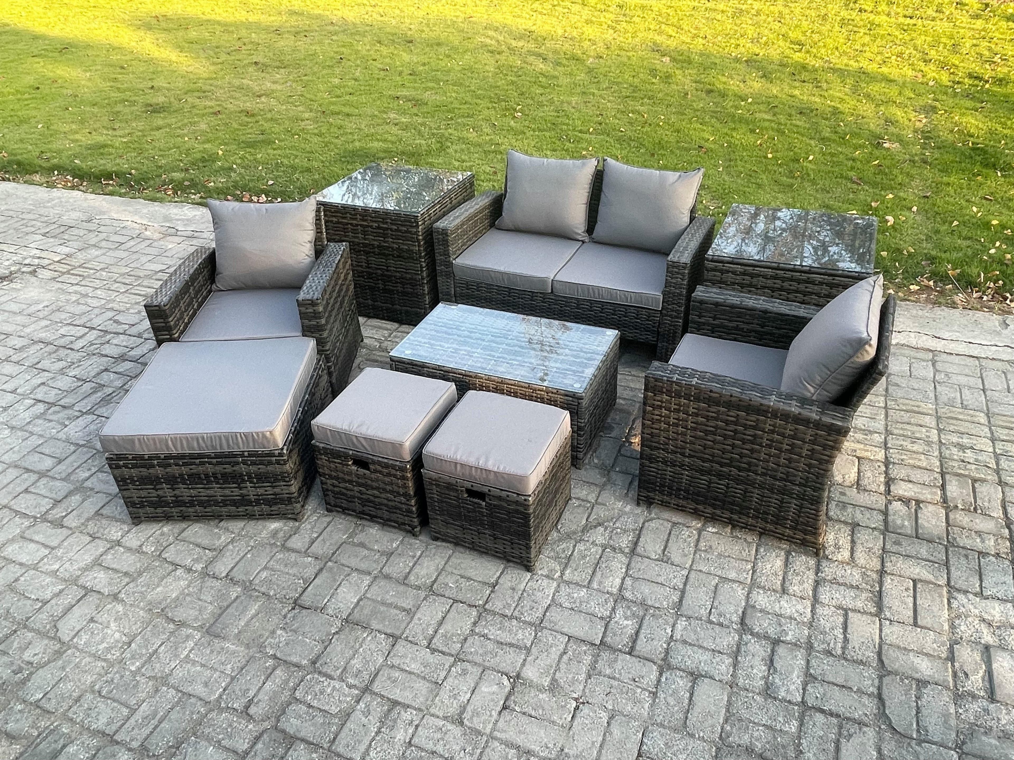7 Seater Dark Grey Outdoor Rattan Garden Furniture Set Patio Lounge Sofa Rectangular Coffee Table 2 Side Table
