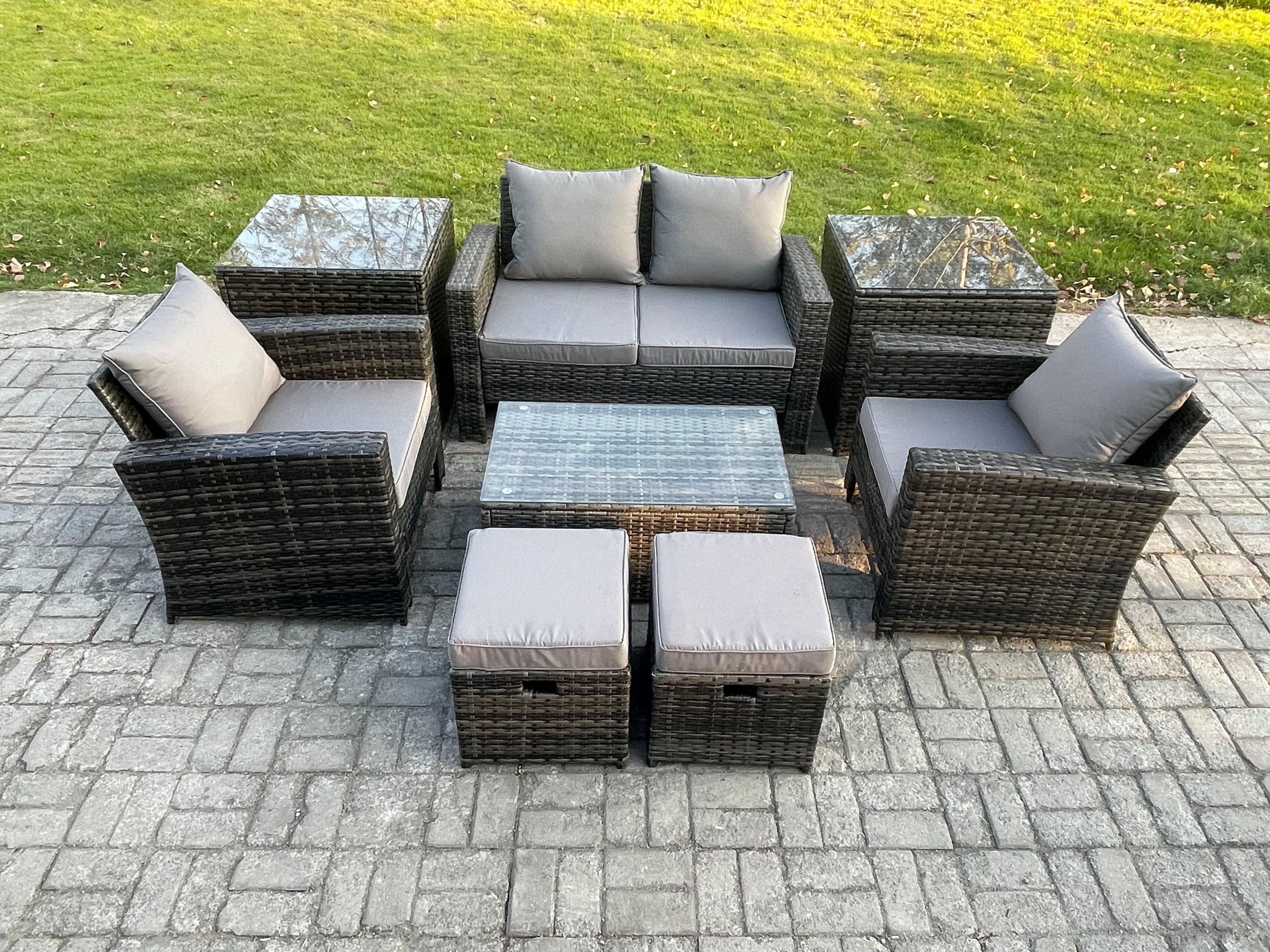 6 Seater Dark Grey Outdoor Rattan Garden Furniture Set Patio Lounge Sofa Rectangular Coffee Table 2 Side Table