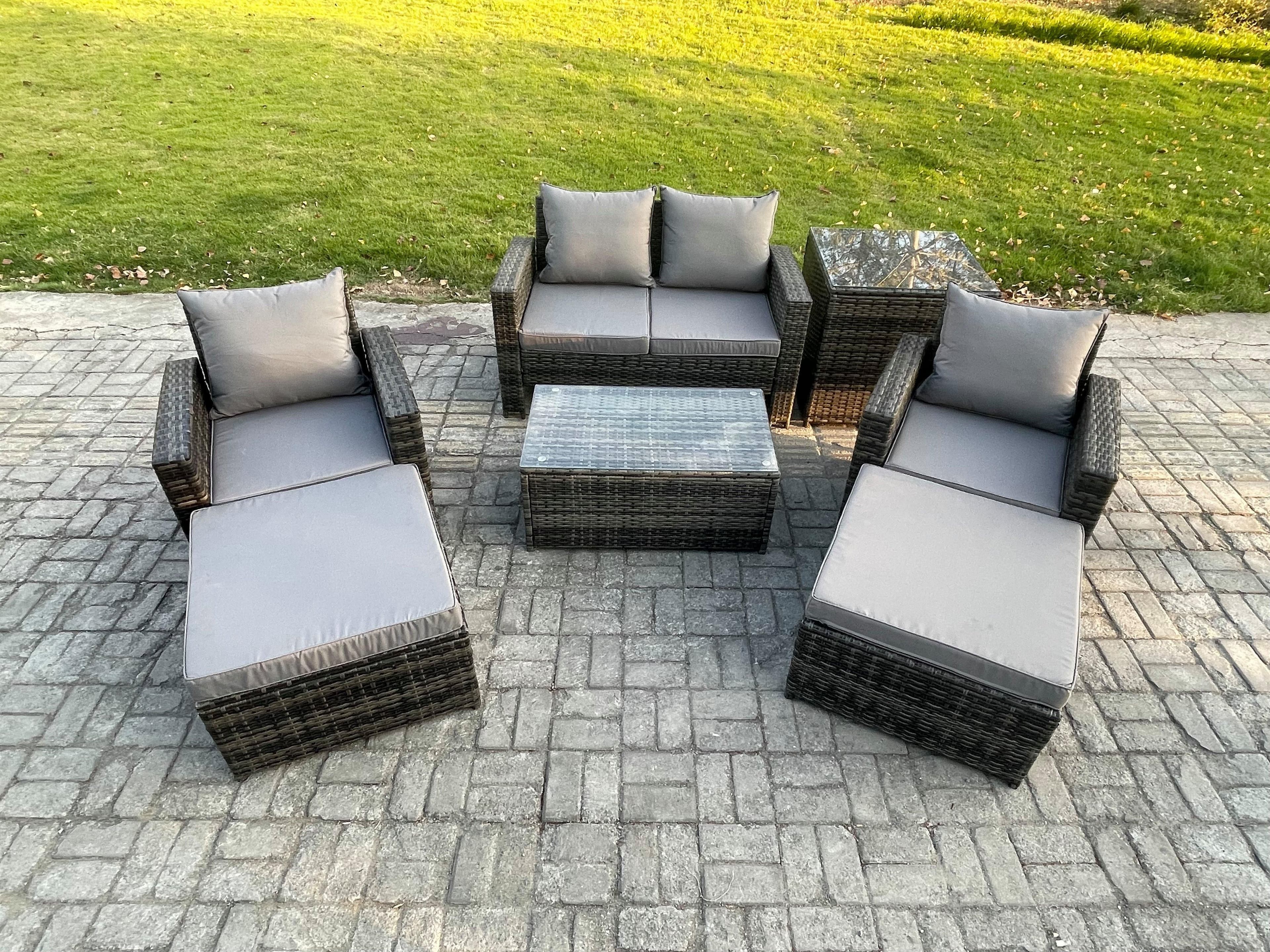 6 Seater Dark Grey Outdoor Rattan Garden Furniture Set Patio Lounge Sofa Rectangular Coffee Table 2 Big Footstool