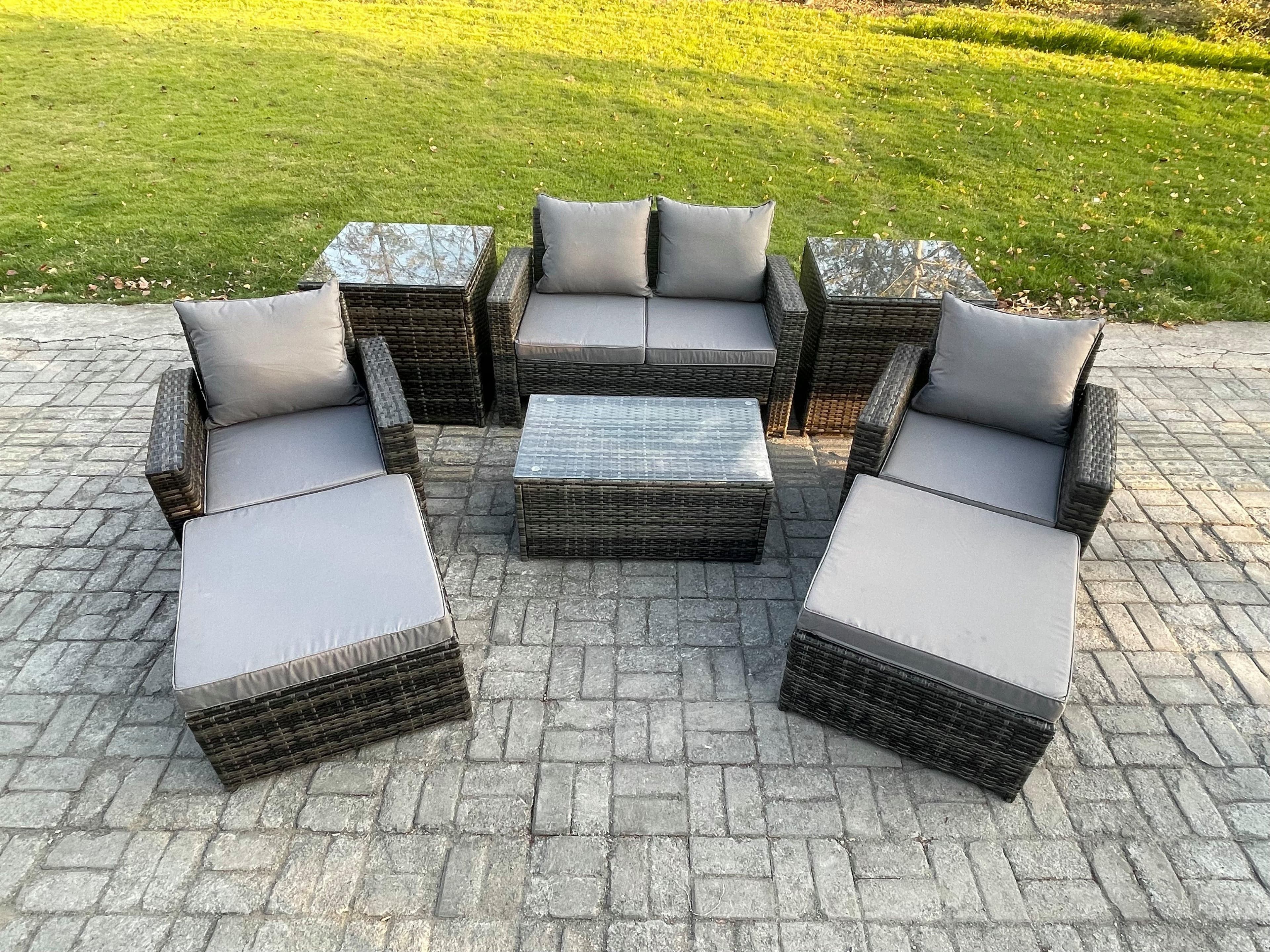 6 Seater Dark Grey Outdoor Rattan Garden Furniture Set Patio Lounge Sofa Rectangular Coffee Table 2 Side Tables