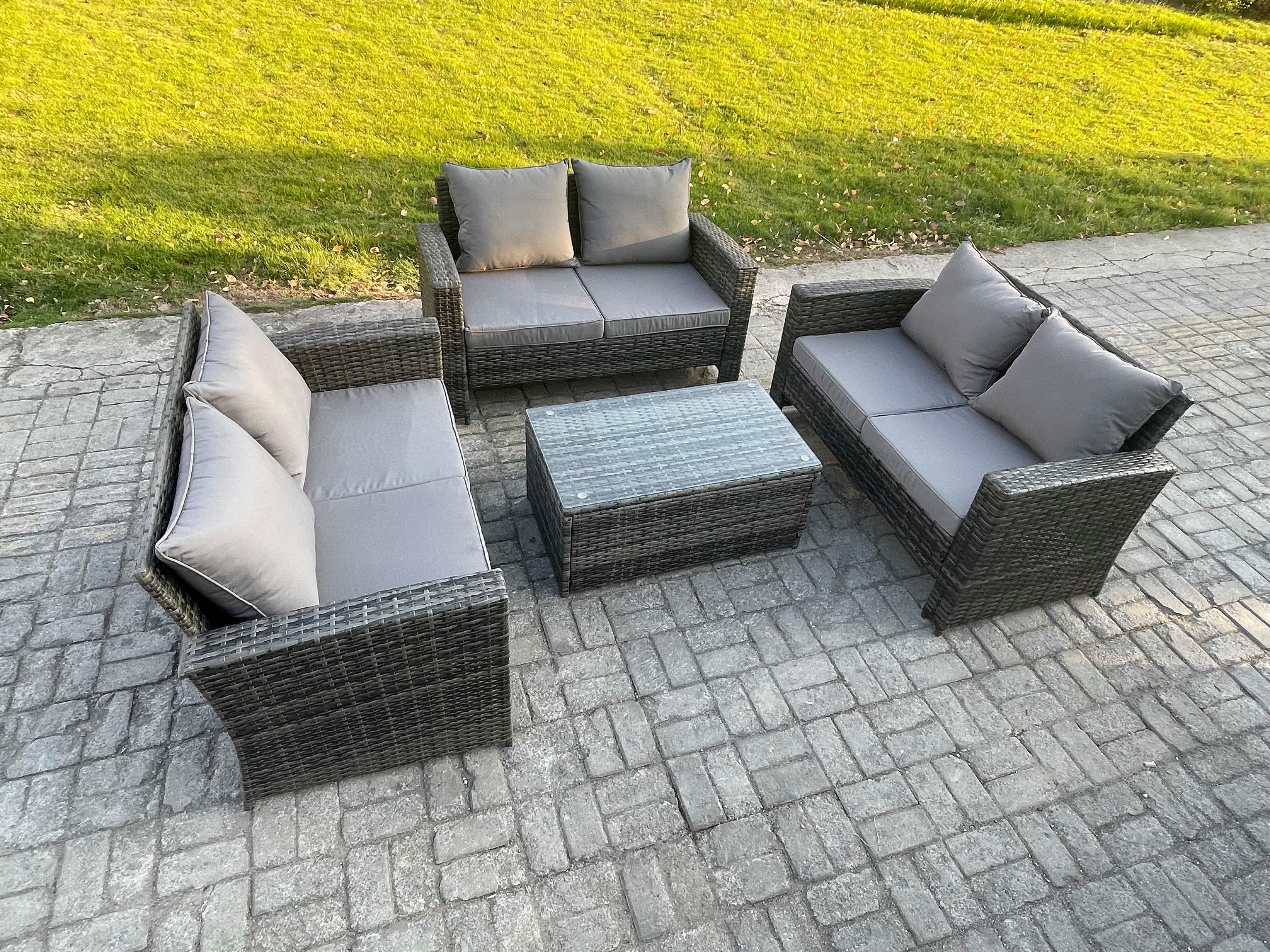Dark Grey 6 Seater Outdoor Rattan Garden Furniture Set Patio Love Sofa Rectangular Coffee Table Set