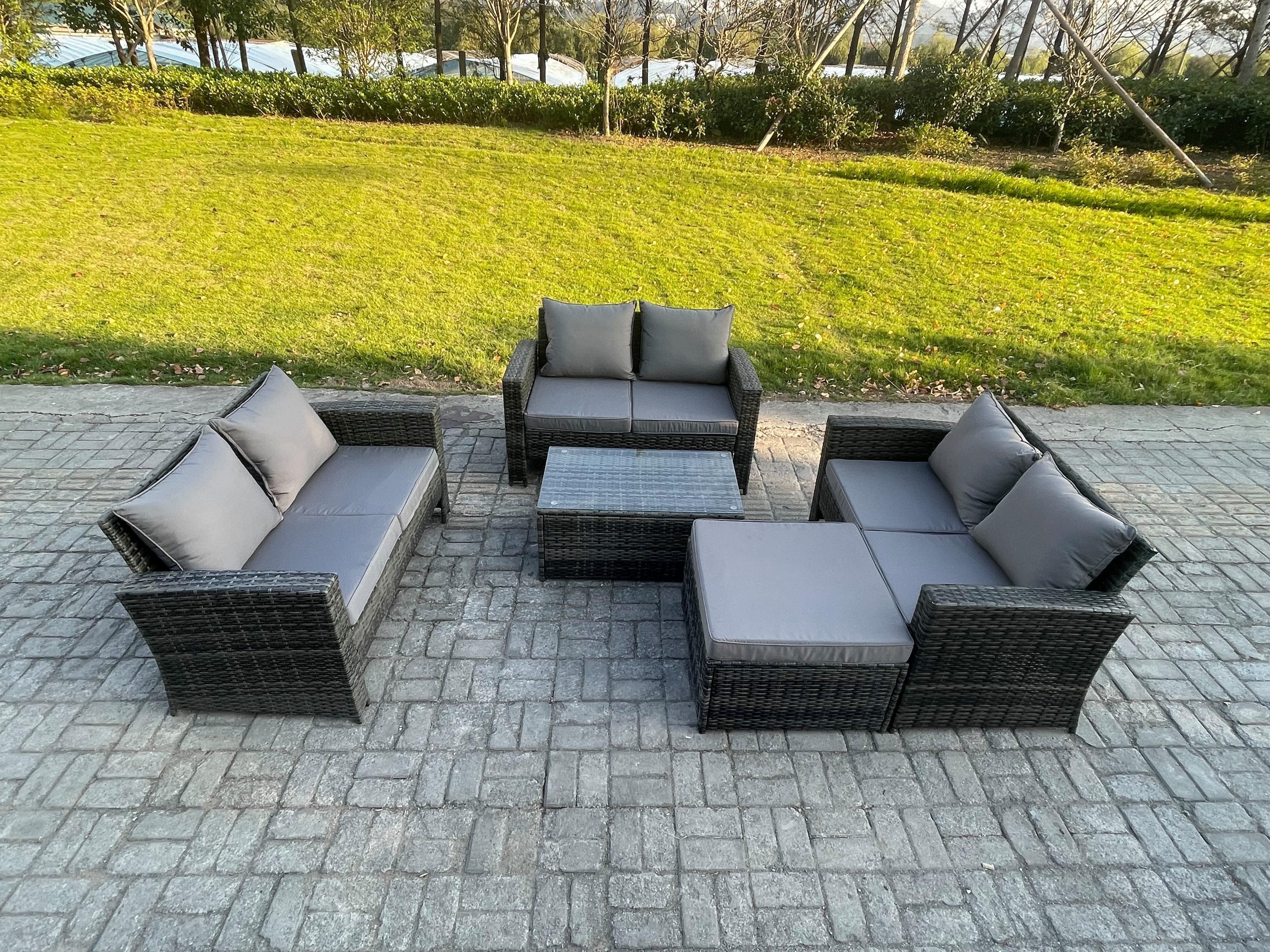 Dark Grey 7 Seater Outdoor Rattan Garden Furniture Set Patio Love Sofa Rectangular Coffee Table Set Big Footstool