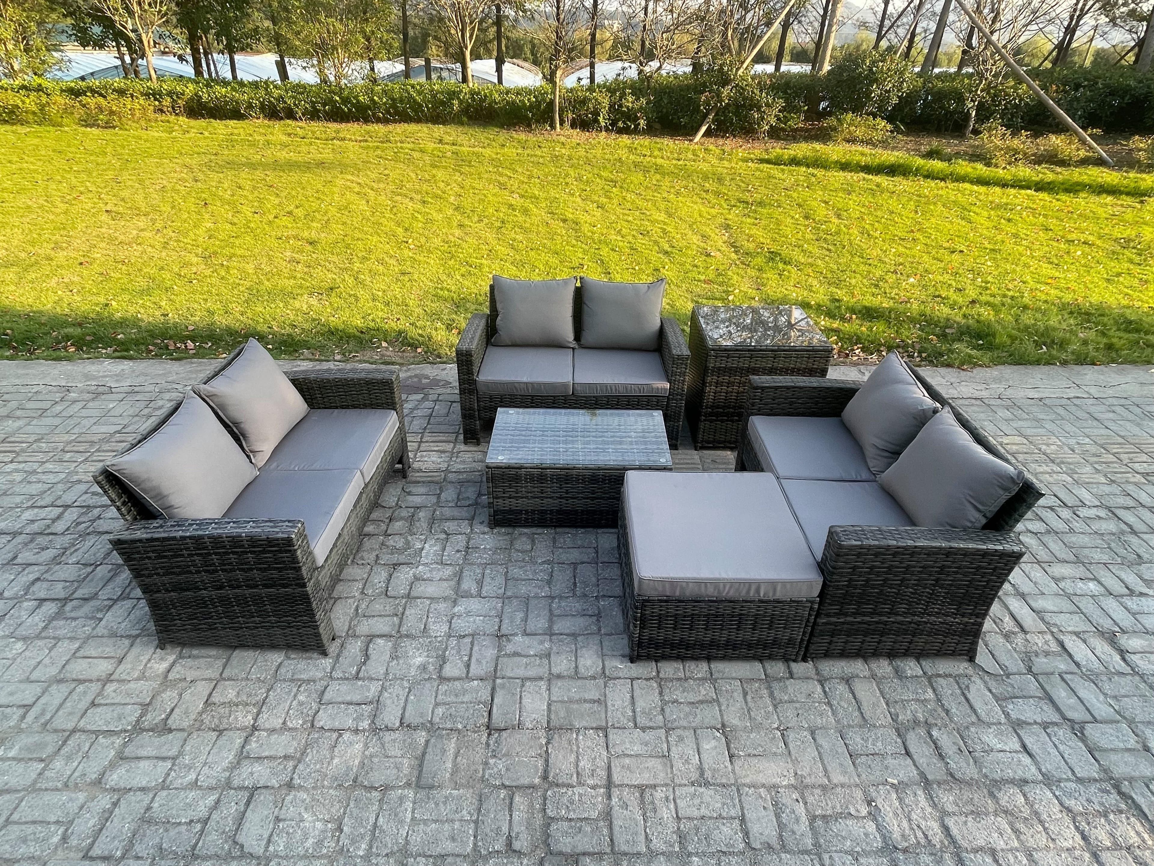 Dark Grey 7 Seater Outdoor Rattan Garden Furniture Set Patio Love Sofa Rectangular Coffee Table Set Footstool
