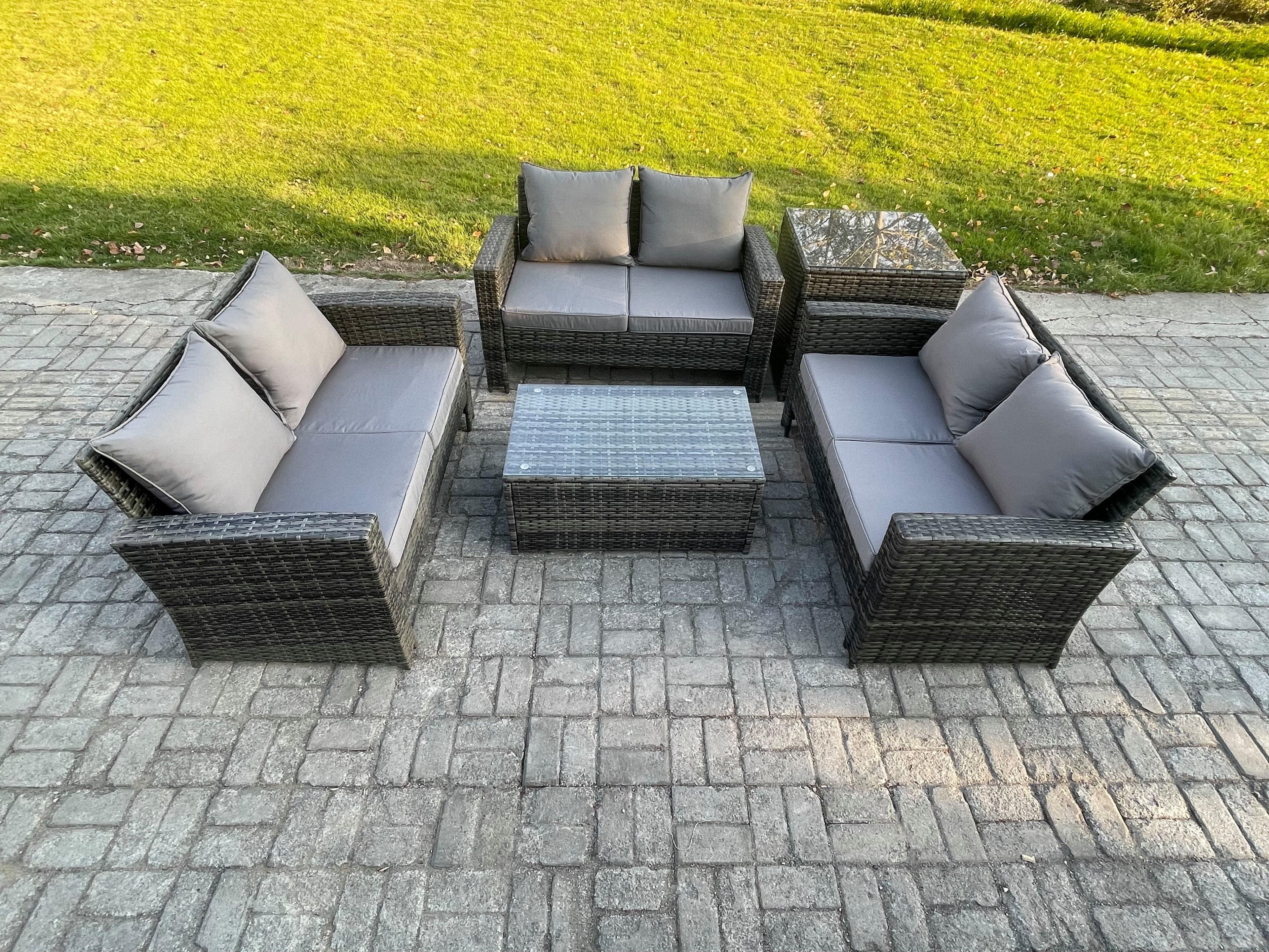 Dark Grey 6 Seater Outdoor Rattan Garden Furniture Set Patio Love Sofa Rectangular Coffee Table Set Side Table