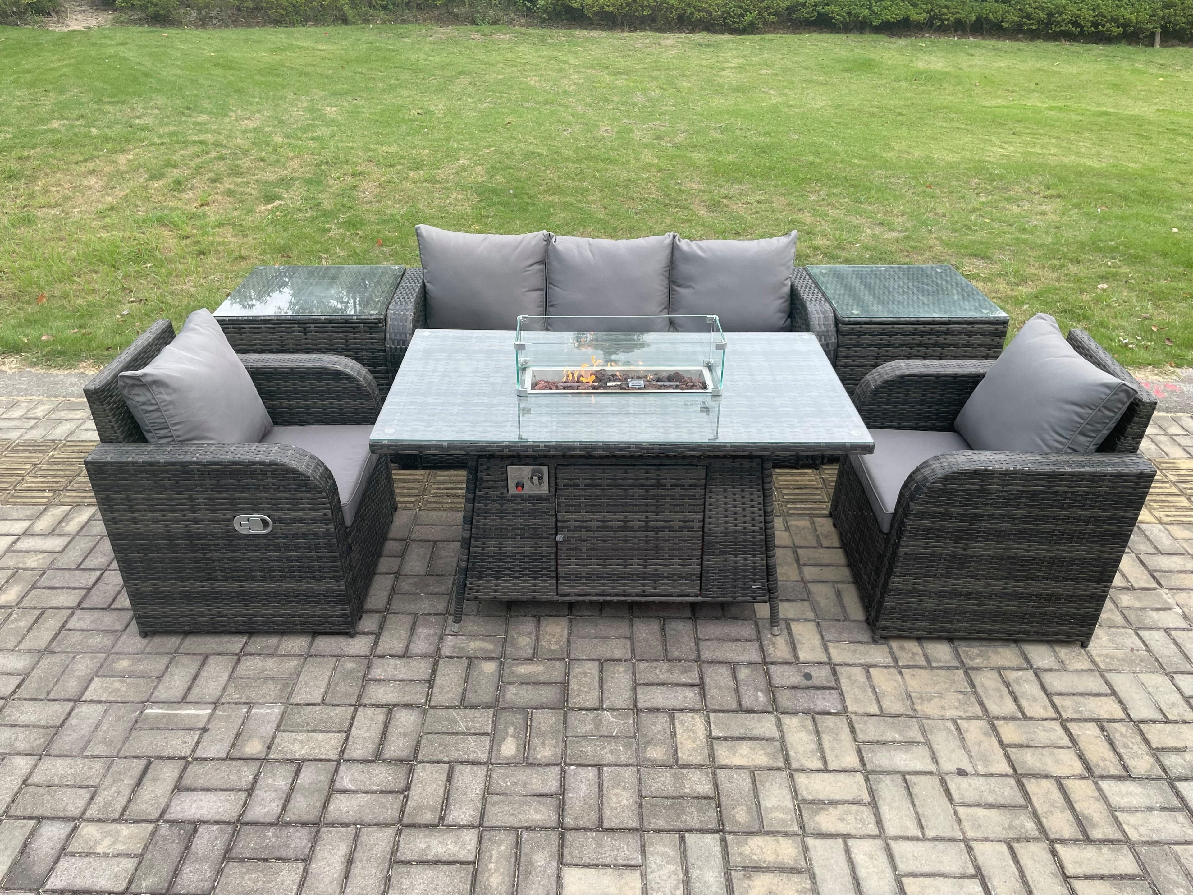 Outdoor Rattan Garden Furniture Set Propane Gas Fire Pit Table Burner Lounge Sofa 2 Side Tables